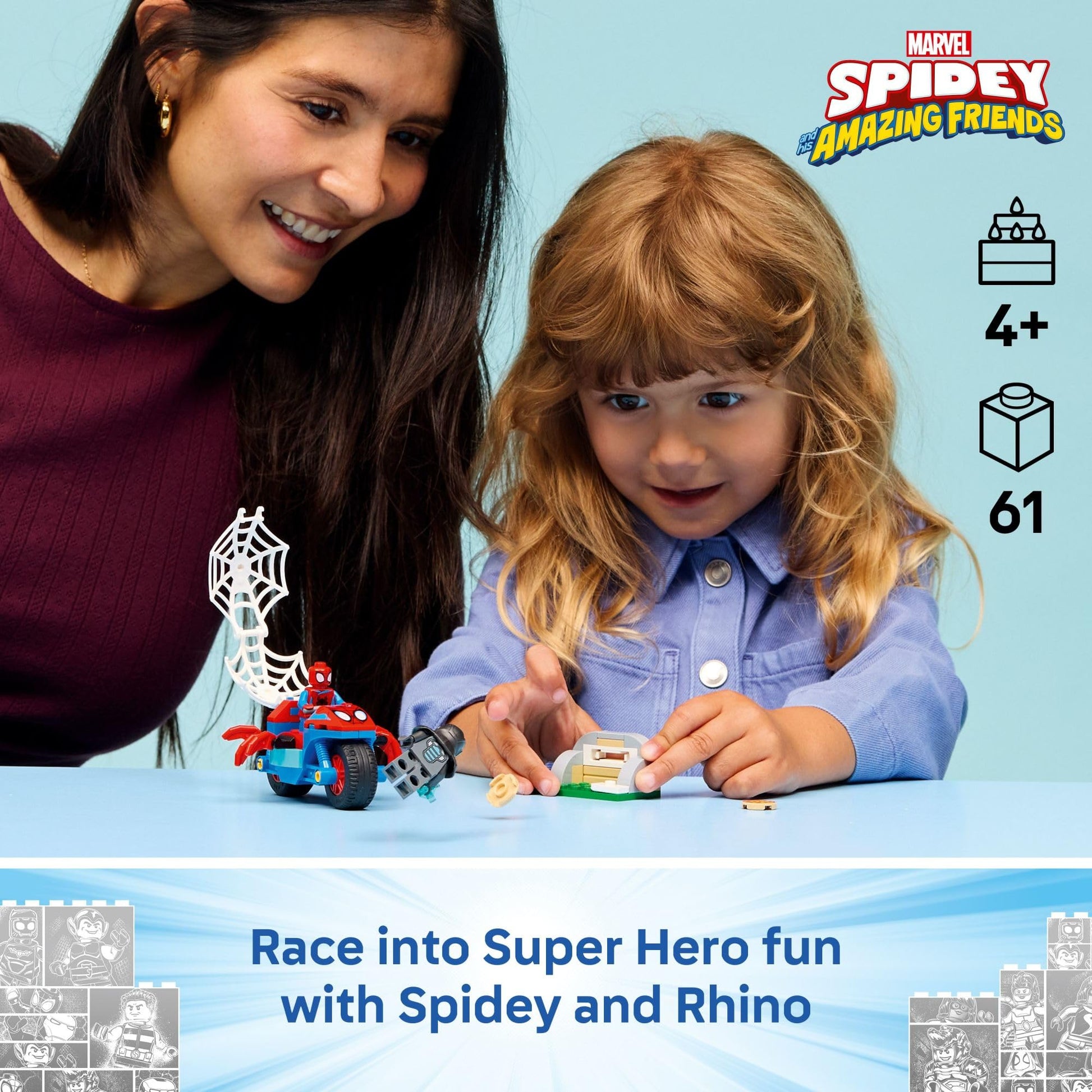 LEGO Marvel Spidey and His Amazing Friends Spidey on his Motorcycle vs. Rhino Building Toy for Kids - Super Hero Pretend Playset for Preschool Boys