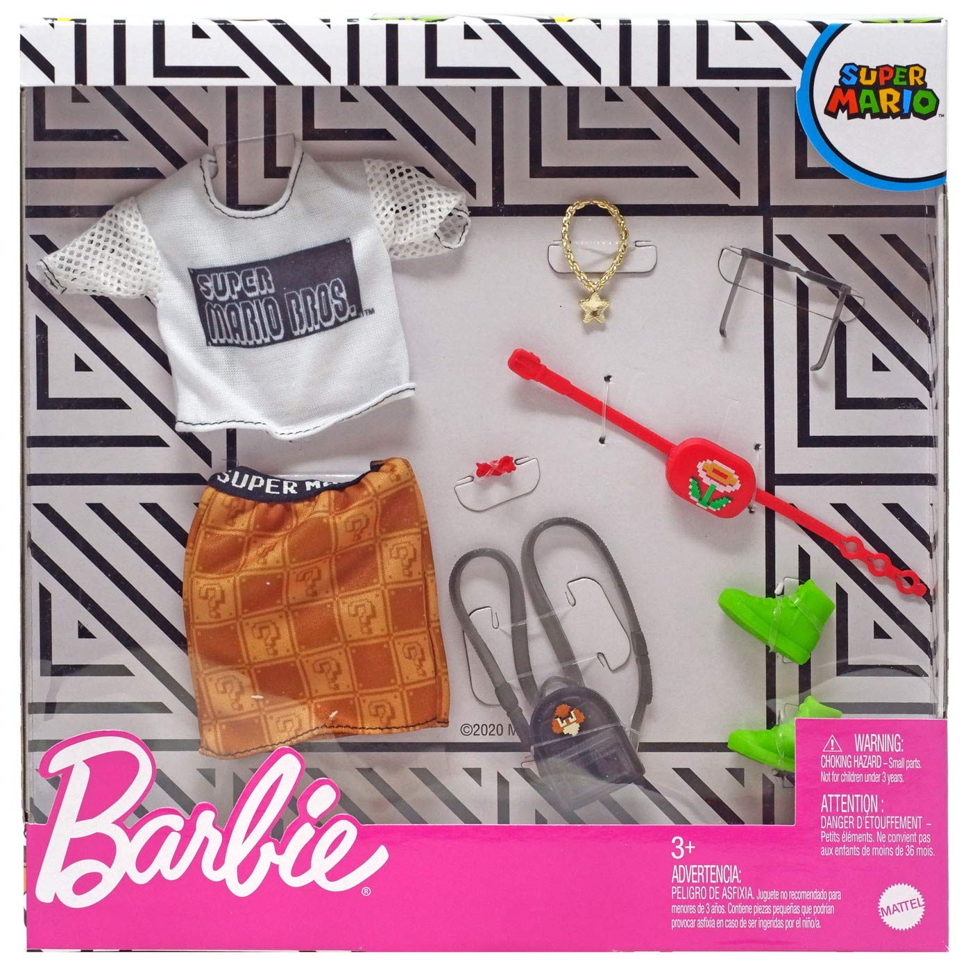 Barbie Storytelling Fashion Pack of Doll Clothes Inspired by Super Mario: Graphic Tee, Patterned Skirt & 6 Accessories Dolls, Gift for 3 to 8 Year