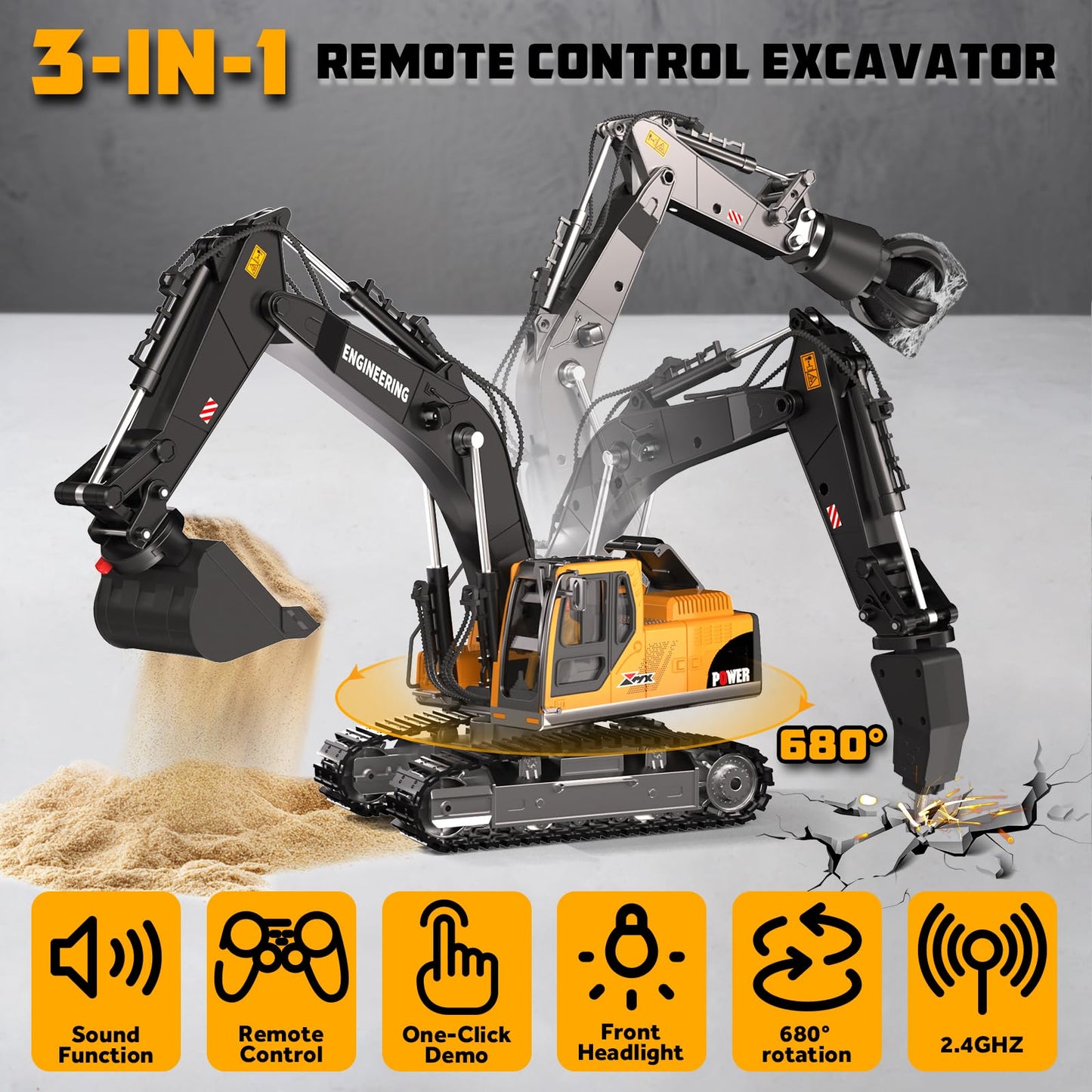 GraceDuck Remote Control Excavator Toys for Boys, 3 in 1 RC Excavator Toy with Alloy Bucket, Rock Breaker, and Grapples - Rotatable 680°, Lights