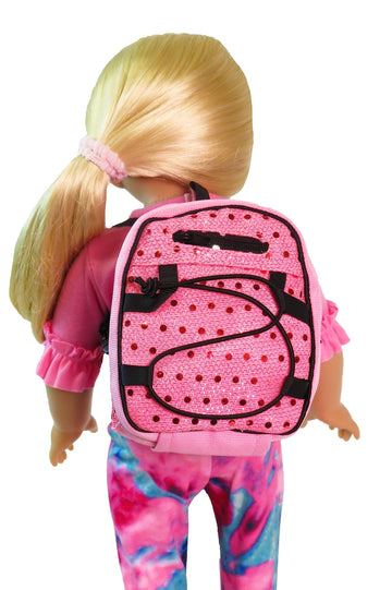 American Fashion World Doll Pink Sequin School Backpack for 18-Inch Dolls | Premium Quality & Trendy Design | Dolls Accessories for Popular Brands