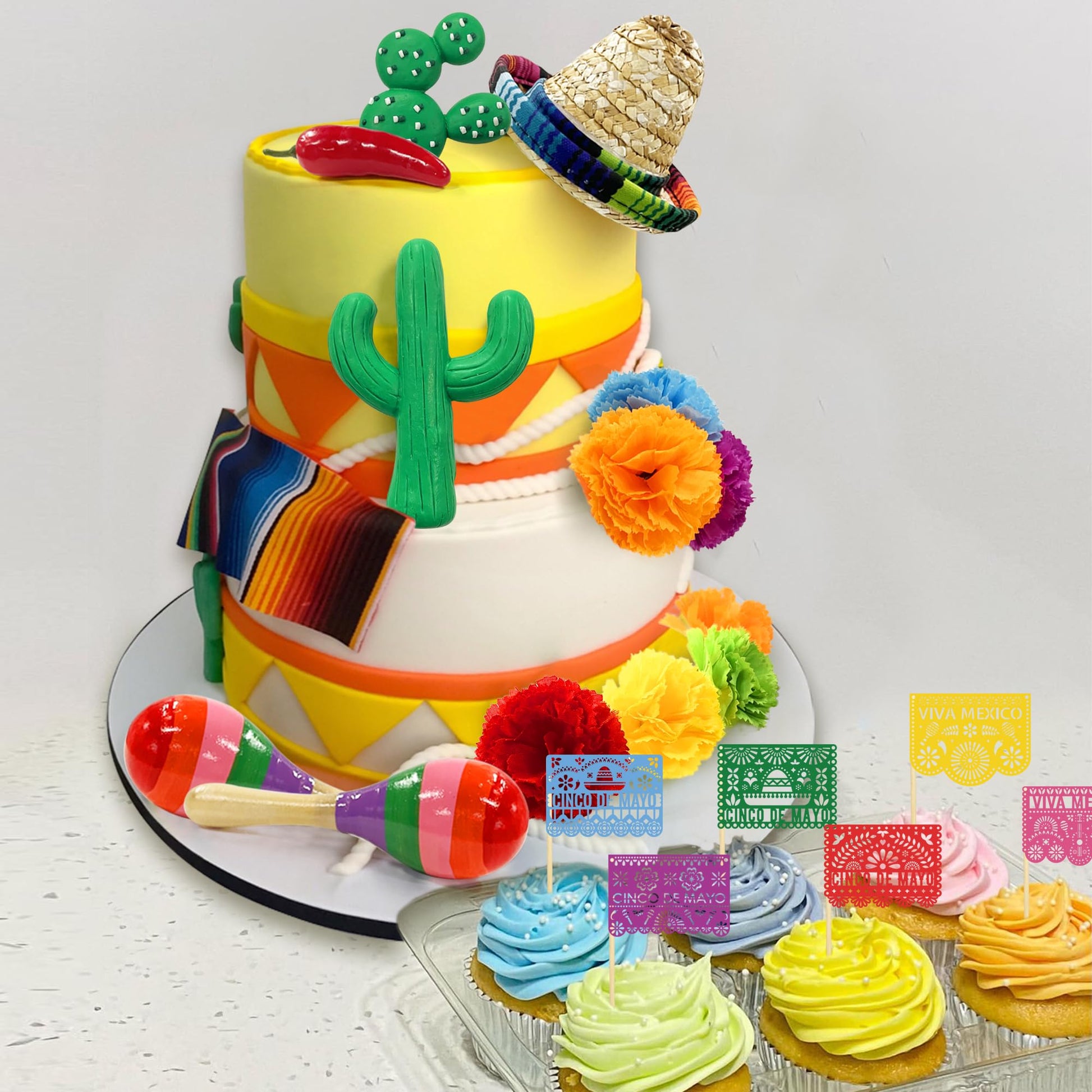 25 PCS Mexican Fiesta Cake Topper Mini Mexican Papel Picado Banner Cactus Pepper Sombrero and Flower Cake Decor for Mexican Themed Party Decorations