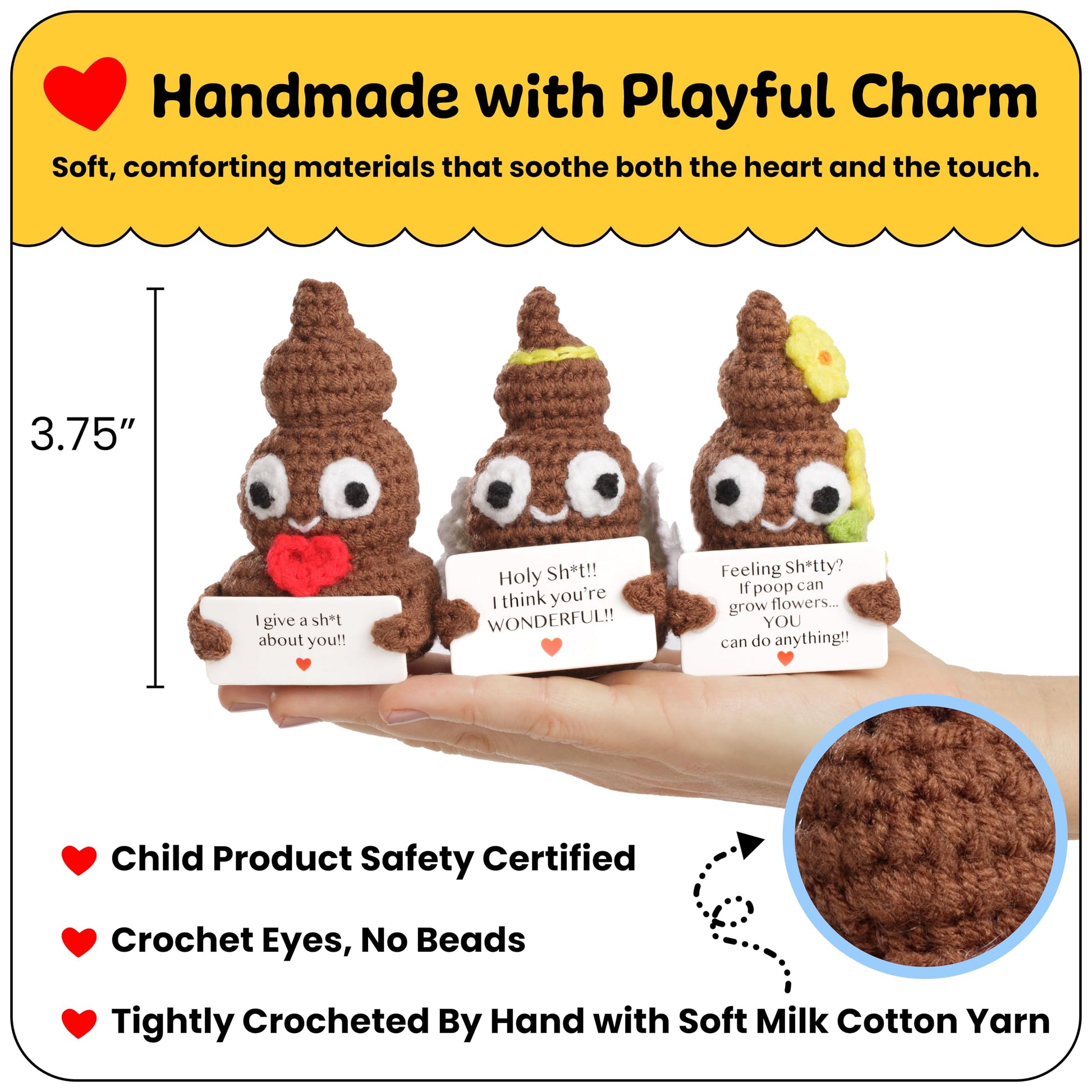 Funny Crochet Positive Poo | Poop Plush Set of 3 for Women, Coworkers, Men & Teens | Handmade Emotional Support Crochet for Room & Bathroom Decor