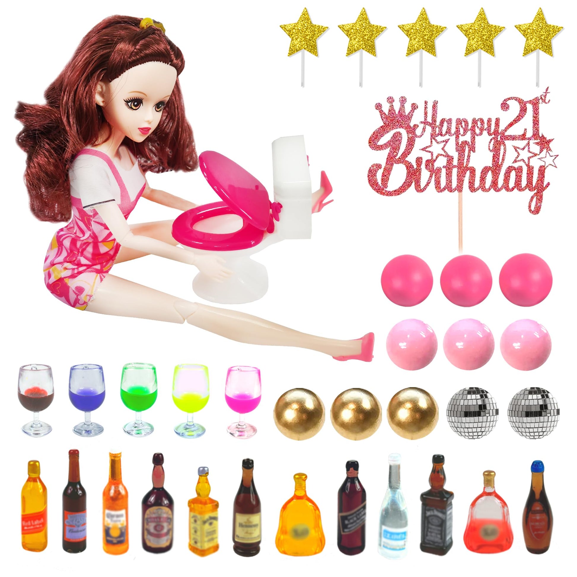 Mini Wine Bottles Cake Toppers With 12 Mini Wine Bottles 5 Mini Wine Glasses 1 Toilet 1 Beauty Doll 1 21st Birthday Cake Topper for Celebrating