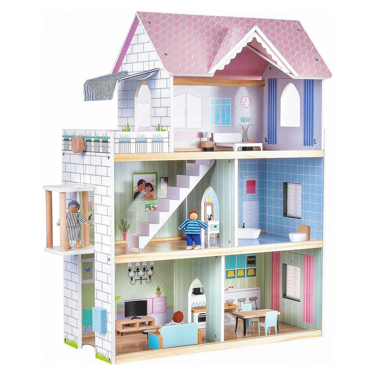 Giant bean Large Pink Wooden Dollhouse with Furniture for Girls with Doorbell, Light,Elevator, 6 Rooms 2.6ft High,17Pcs Furniture & 3 Dolls, Kids