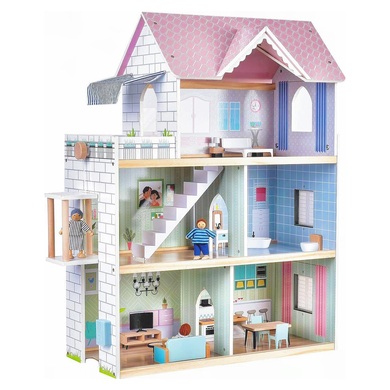 Giant bean Large Pink Wooden Dollhouse with Furniture for Girls with Doorbell, Light,Elevator, 6 Rooms 2.6ft High,17Pcs Furniture & 3 Dolls, Kids