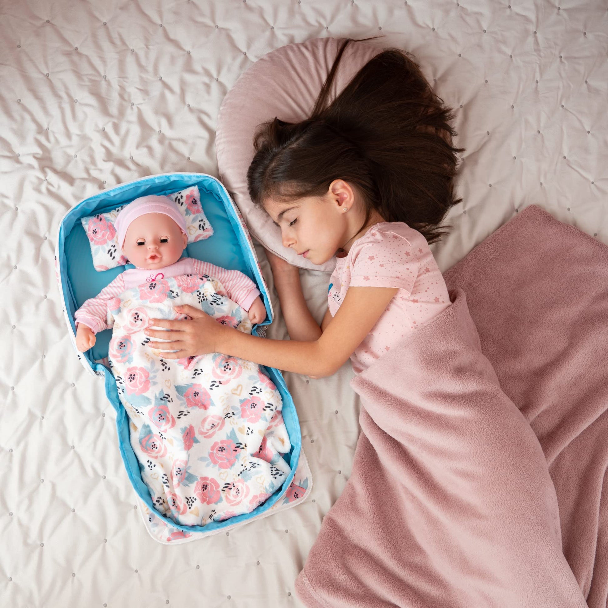 HappyVk Baby Doll Bed Set - Portable Doll Bassinet for Dolls up to 21 Inches - Pretend Play Handbag for Girls Ages 3+ Doll Accessory Playset - Pink