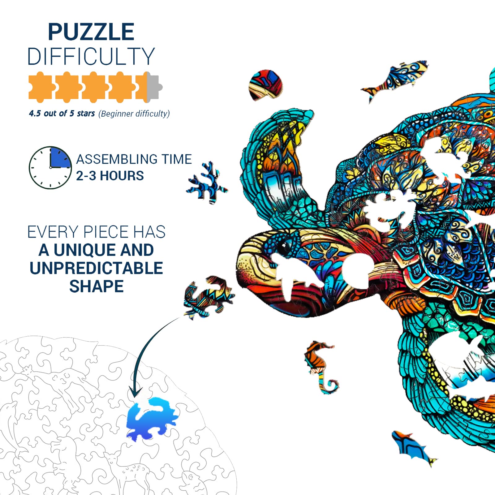 Jigfoxy Wooden Puzzles for Adults, Sea Turtle Wooden Jigsaw Puzzles for Adults Kids, Unique Animal Shape Wood Cut Puzzles, Christmas Thanksgiving