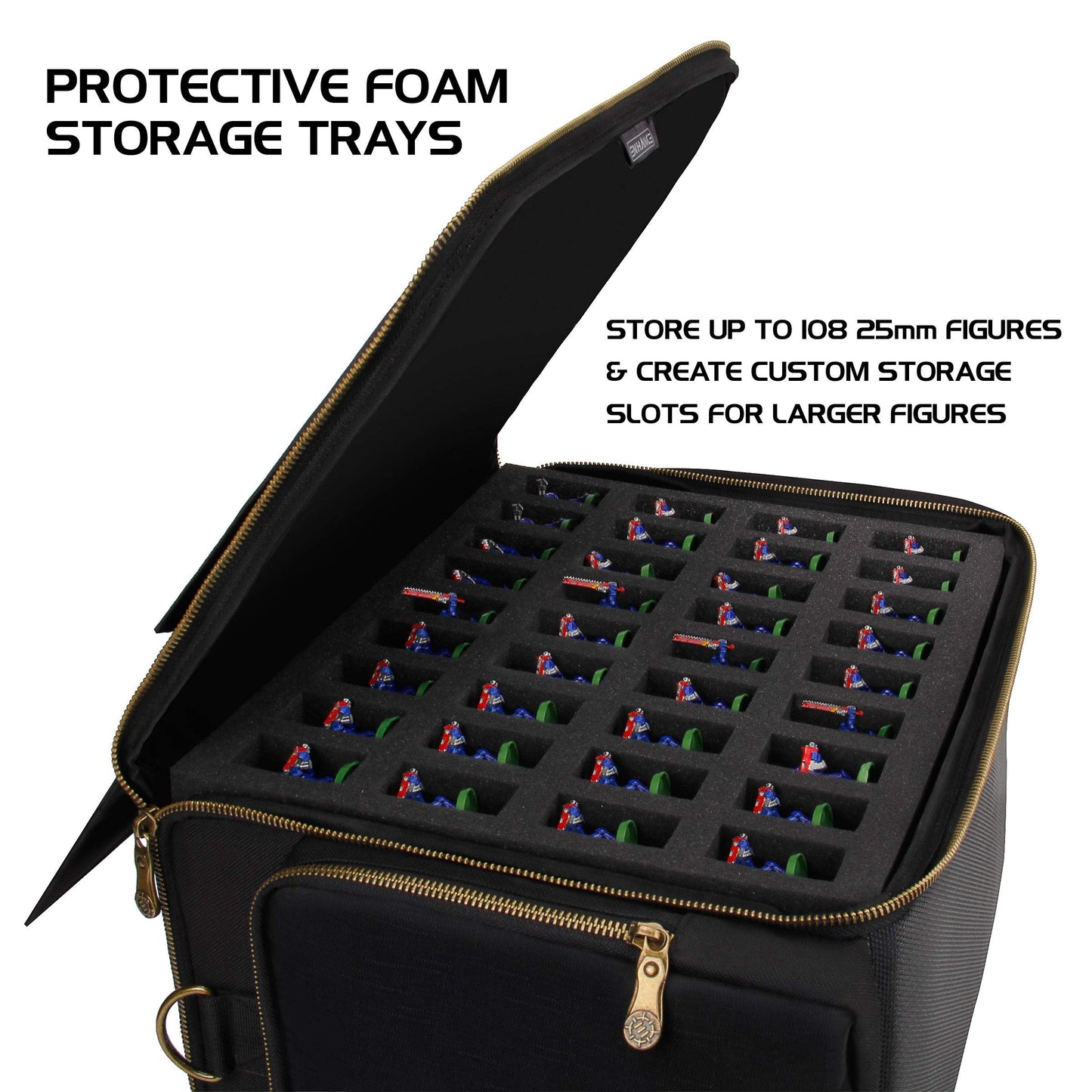 ENHANCE Portable Miniature Figure Storage & Carrying Case - 4 Foam Layers fits 108 Infantry Minis & Pick & Pluck for Large Figures - Book Sleeve & 2
