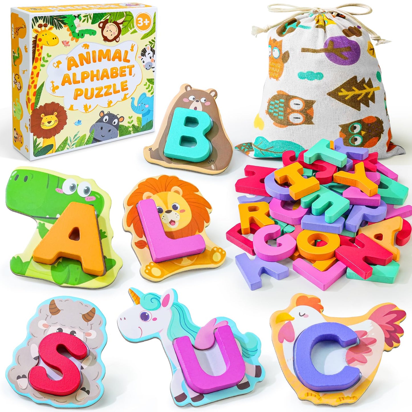 BEESTECH Animal Alphabet Flash Cards, Wooden Letter Puzzle, Educational ABC Learning Toys for 3 4 5 Year Old Boys Girls Toddlers, Preschoolers