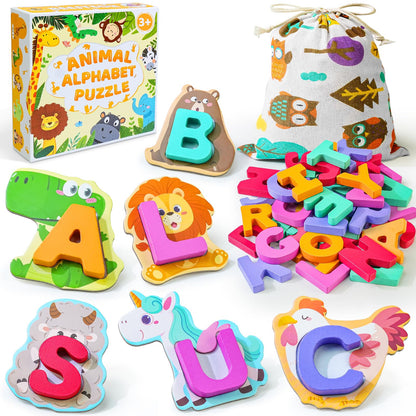 BEESTECH Animal Alphabet Flash Cards, Wooden Letter Puzzle, Educational ABC Learning Toys for 3 4 5 Year Old Boys Girls Toddlers, Preschoolers