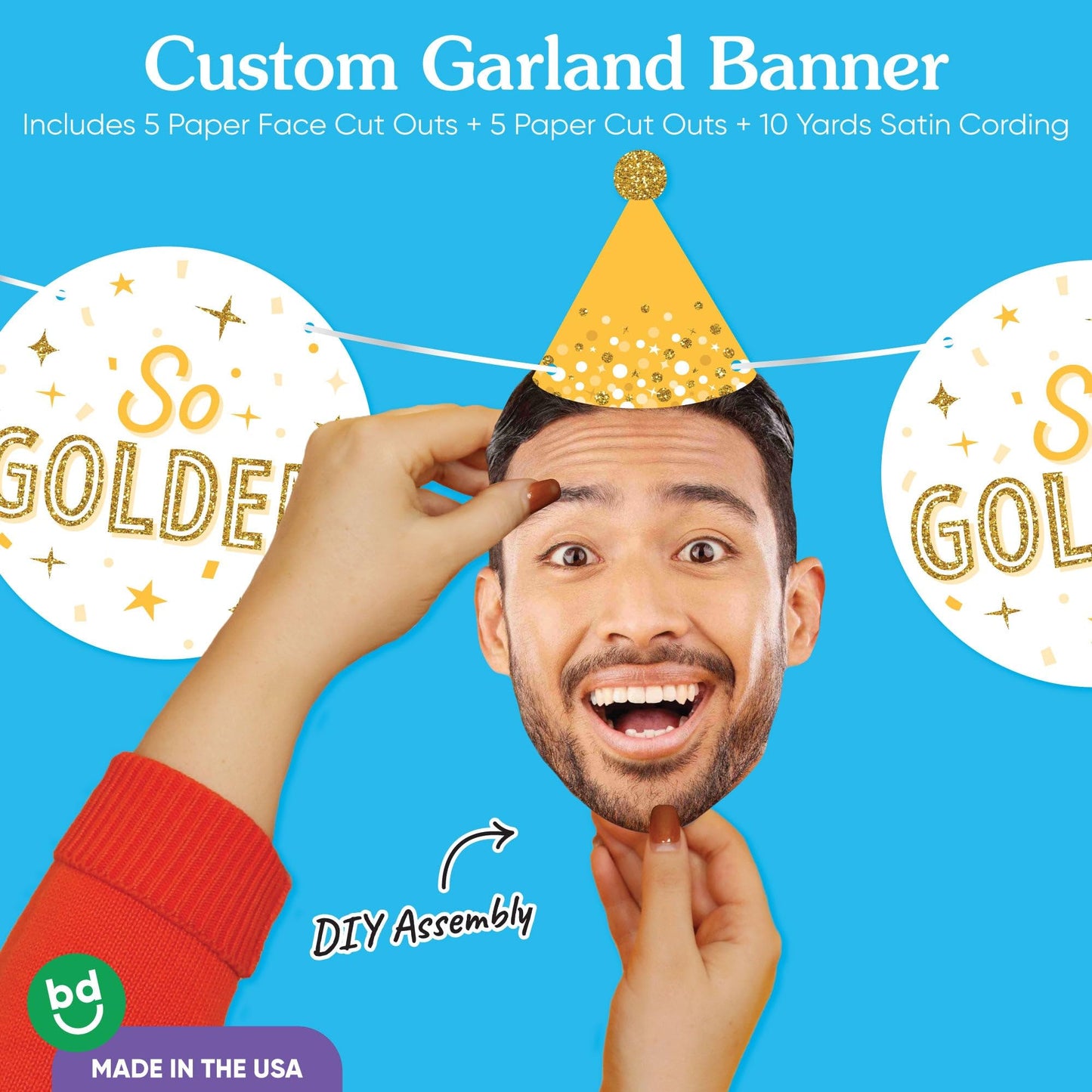 Big Dot of Happiness Custom Golden Birthday Face Cut Out Garland Banner, Personalized Yellow Birthday Party Decor, 30 Feet of Cord, 5 Photo Face