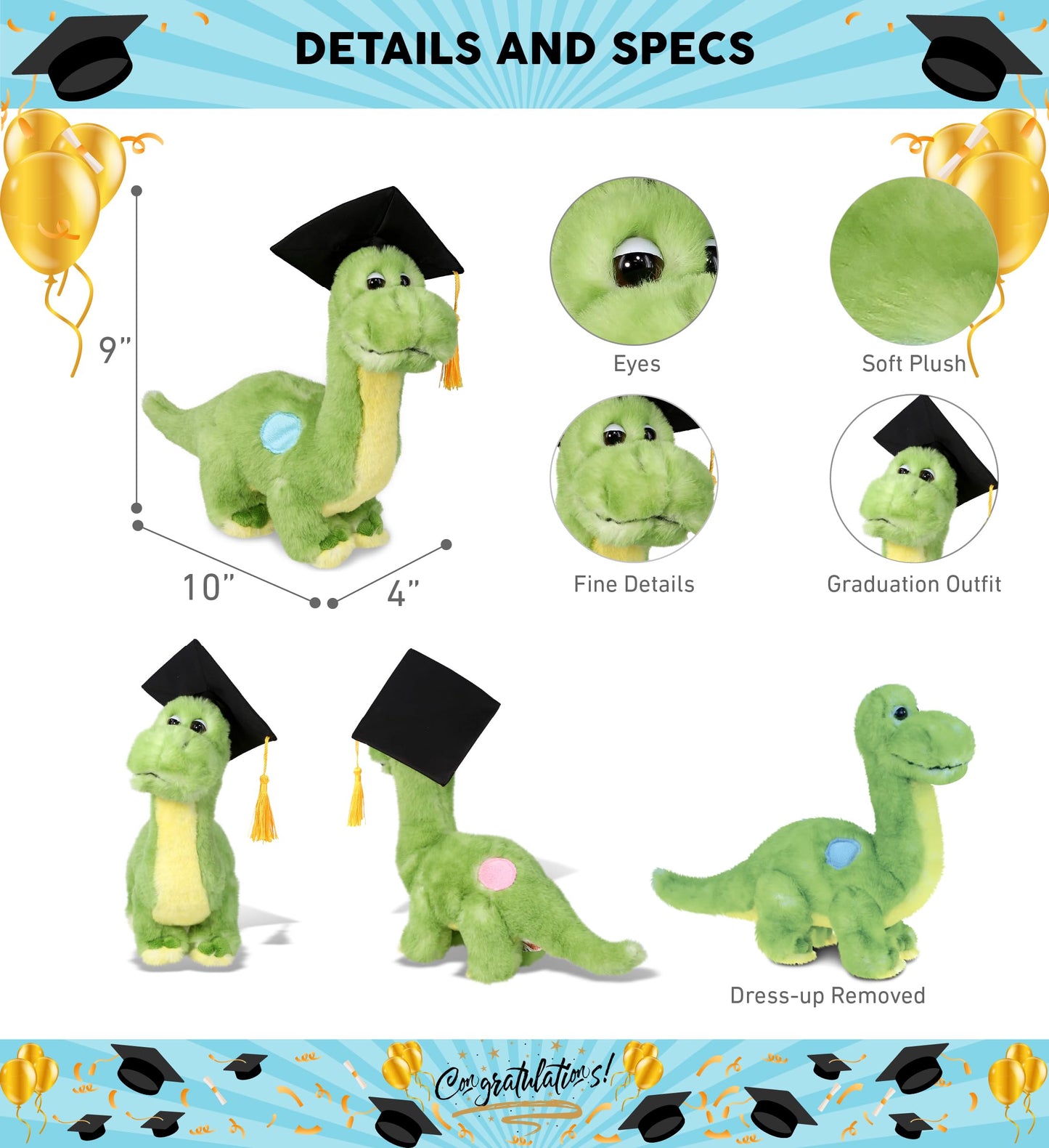 DolliBu Green Dinosaur Graduation Plush Toy - Super Soft Plush Graduation Stuffed Animal Dress Up with Gown & Cap with Tassel Outfit - Congratulatory
