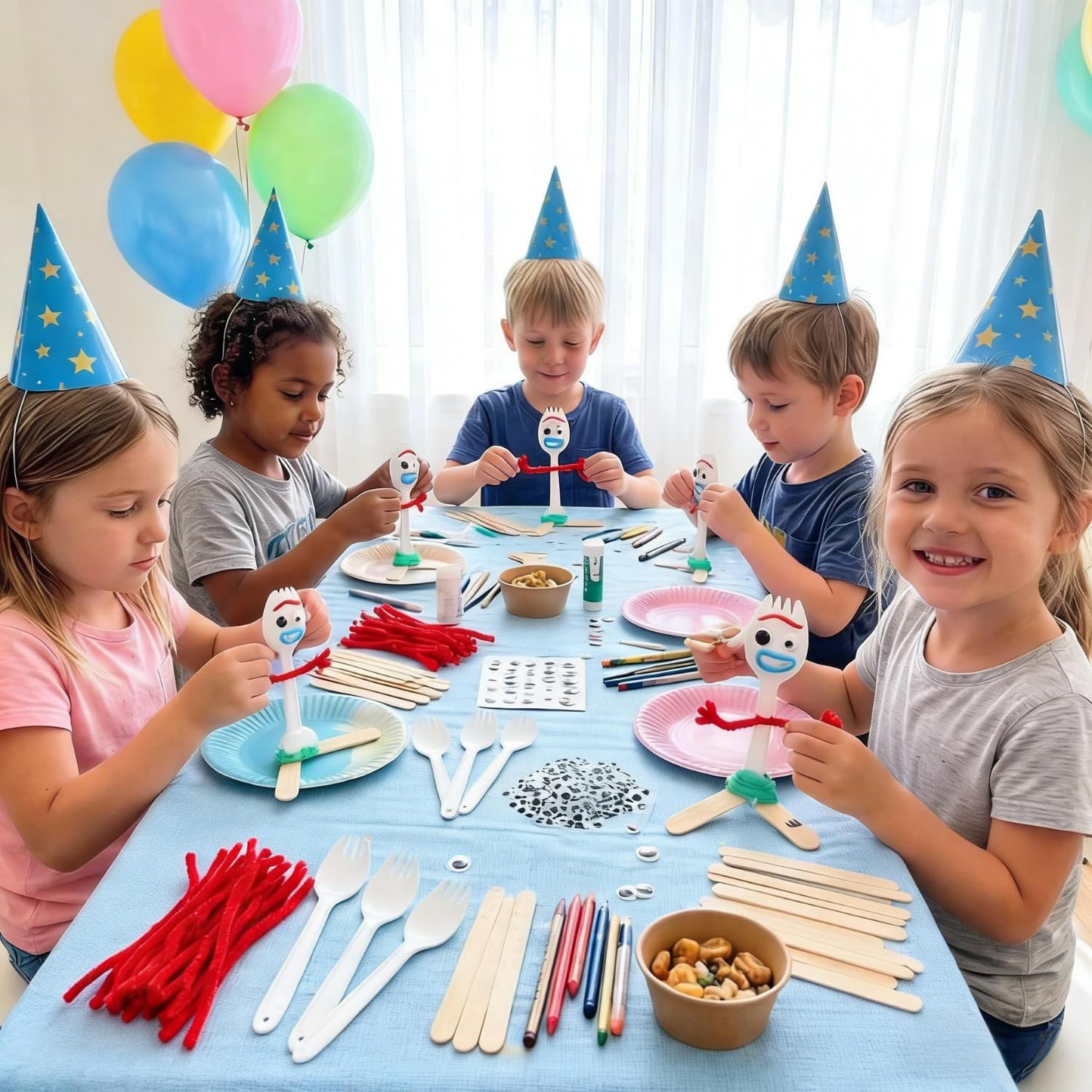 Fork Creativity Set, 100 Sets Forky DIY Creative Crafts Pack Plastic Sporks Red Pipe Cleaners Googly Eyes Popsicle Stick