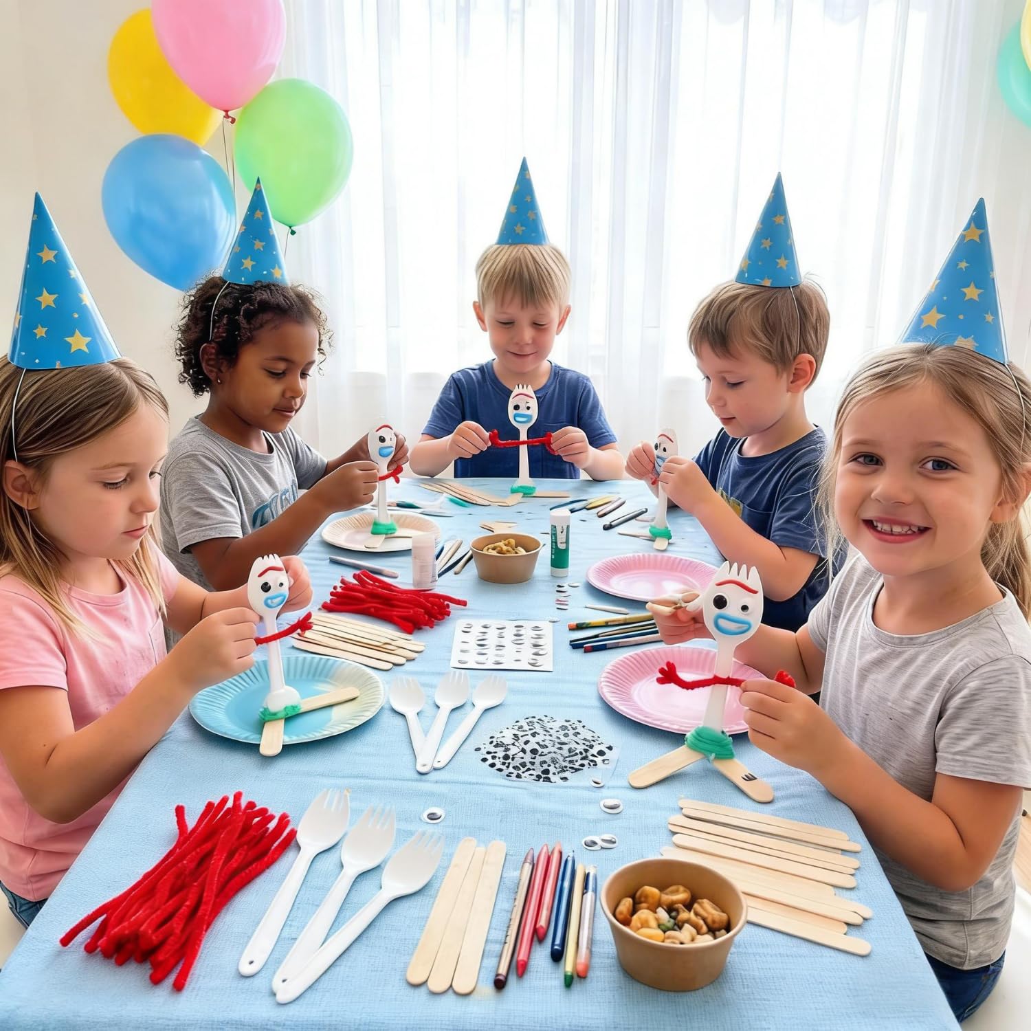 Fork Creativity Set, 100 Sets Forky DIY Creative Crafts Pack Plastic Sporks Red Pipe Cleaners Googly Eyes Popsicle Stick