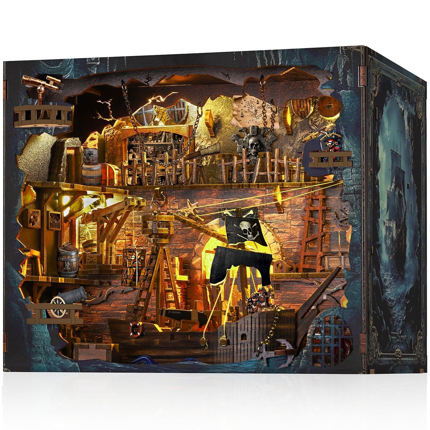 Pirate Book Nook Kit - DIY Miniature House Kit for Adults, Teens, Dollhouse Booknook Bookshelf Insert Decor with LED Light, 3D Wooden Puzzle Gifts
