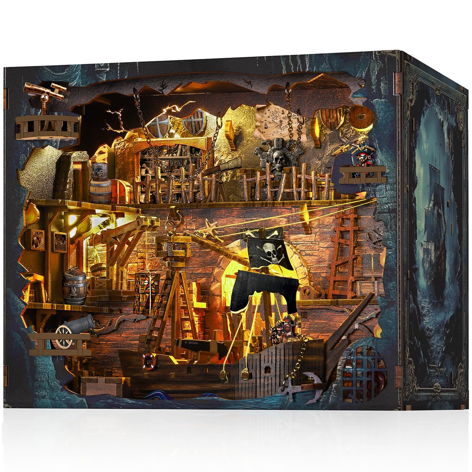 Pirate Book Nook Kit - DIY Miniature House Kit for Adults, Teens, Dollhouse Booknook Bookshelf Insert Decor with LED Light, 3D Wooden Puzzle Gifts