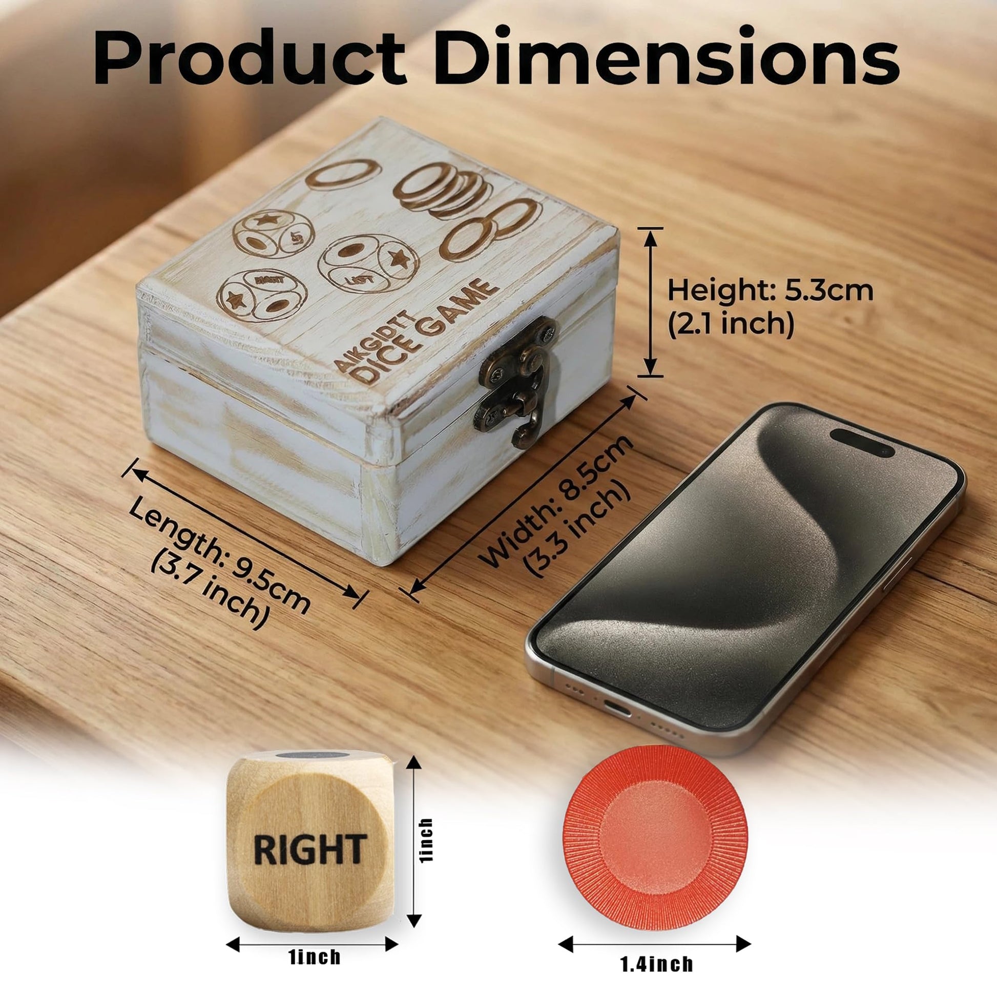 Aikgidtt Left Right Roll Dice Game Set - 3 Wood Dice & 36 Plastic Chips in Wooden Box, Fun Family Party Dice Games for Adults, Teens & Friends, White