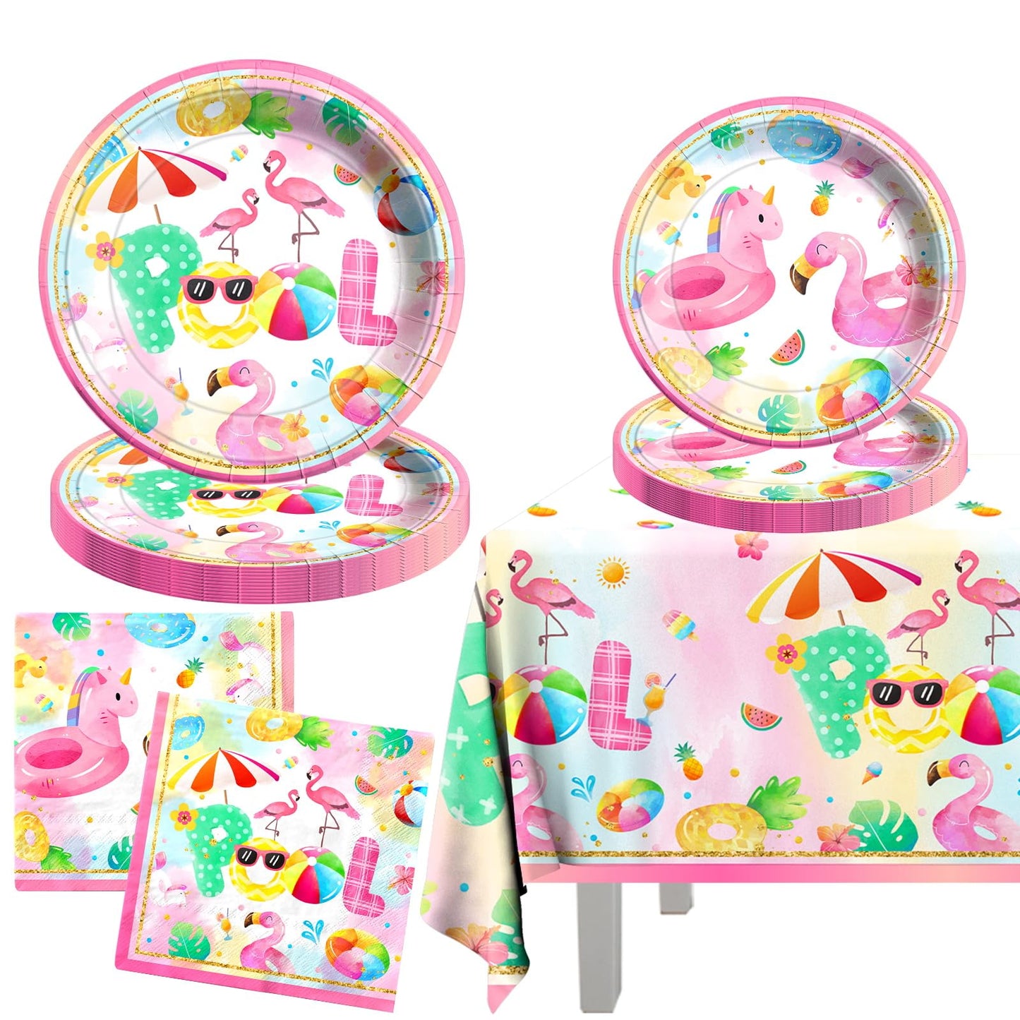 61pcs Pool Party Decorations Supplies Swimming Pool Party Tableware Pink Pool Party Plates and Napkins Summer Hawaiian Beach Birthday Favors