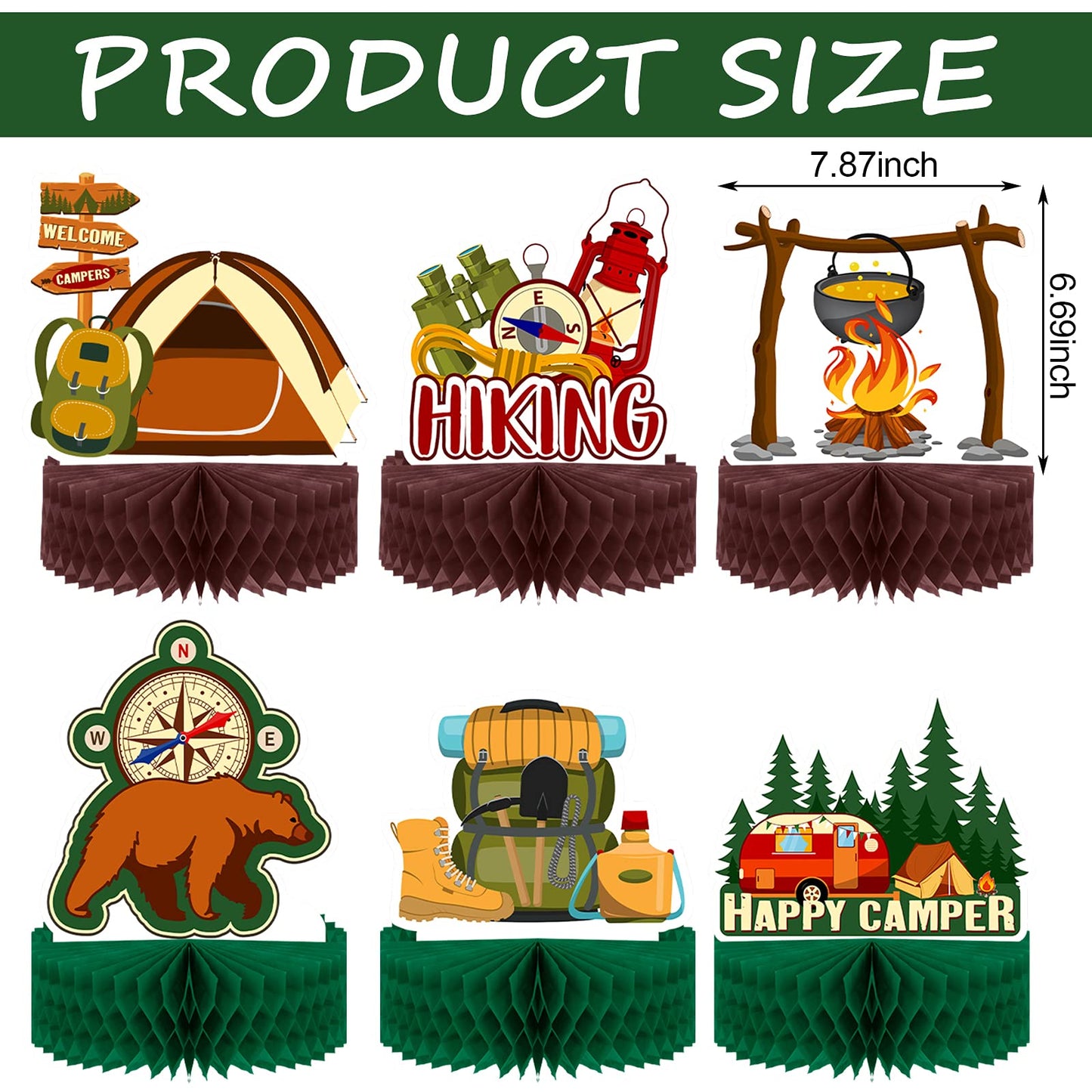 Sumind Camping Party Decoration, 6 Pcs Happy Camper Honeycomb Centerpieces Table Decor Adventure Cake Topper for Birthday Shower Campfire Adventure