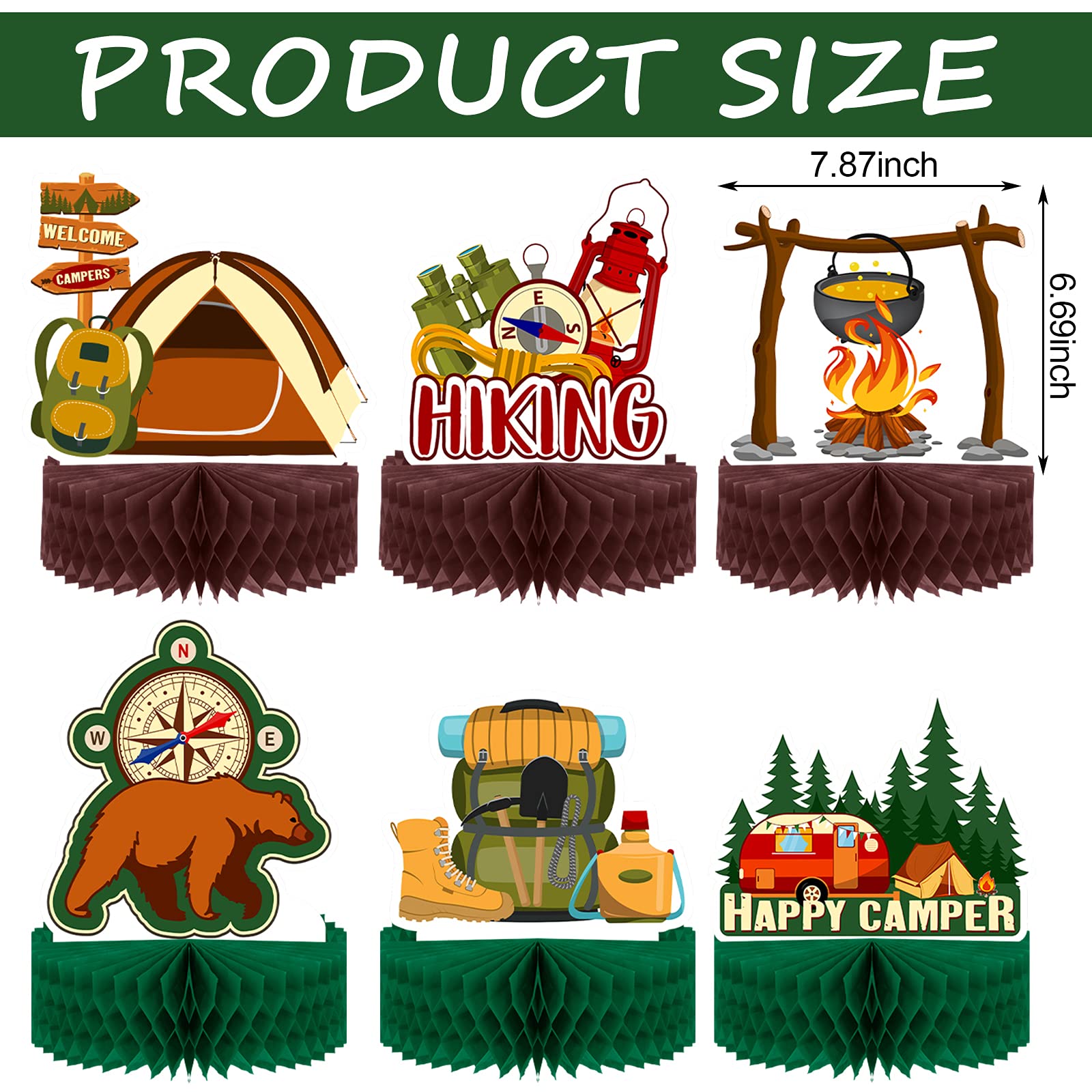Sumind Camping Party Decoration, 6 Pcs Happy Camper Honeycomb Centerpieces Table Decor Adventure Cake Topper for Birthday Shower Campfire Adventure