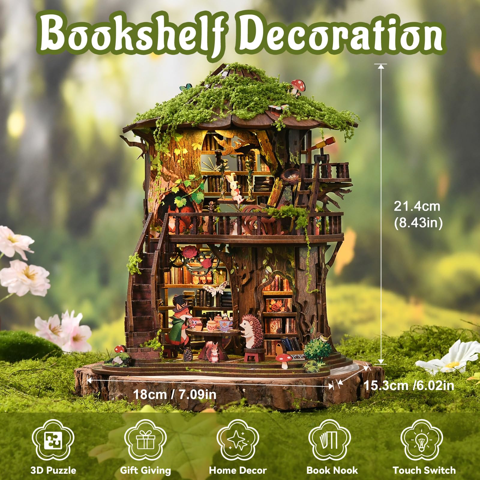 qpdbookpd DIY Book Nook,Buchstütze Aus Holz und 3D-Puzzle mit LED-Licht, bastelset Erwachsene?mini Book Nook,Weihnachten Geburtstag Geschenke(Forest