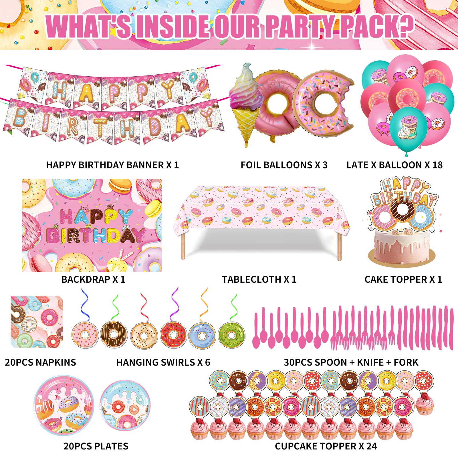 Donut Sweets Birthday Party Supplies, Donut Style Party Decorations Include Happy Birthday Banner, Backdrop, Tableware Set, Tablecloth, Cake Toppers