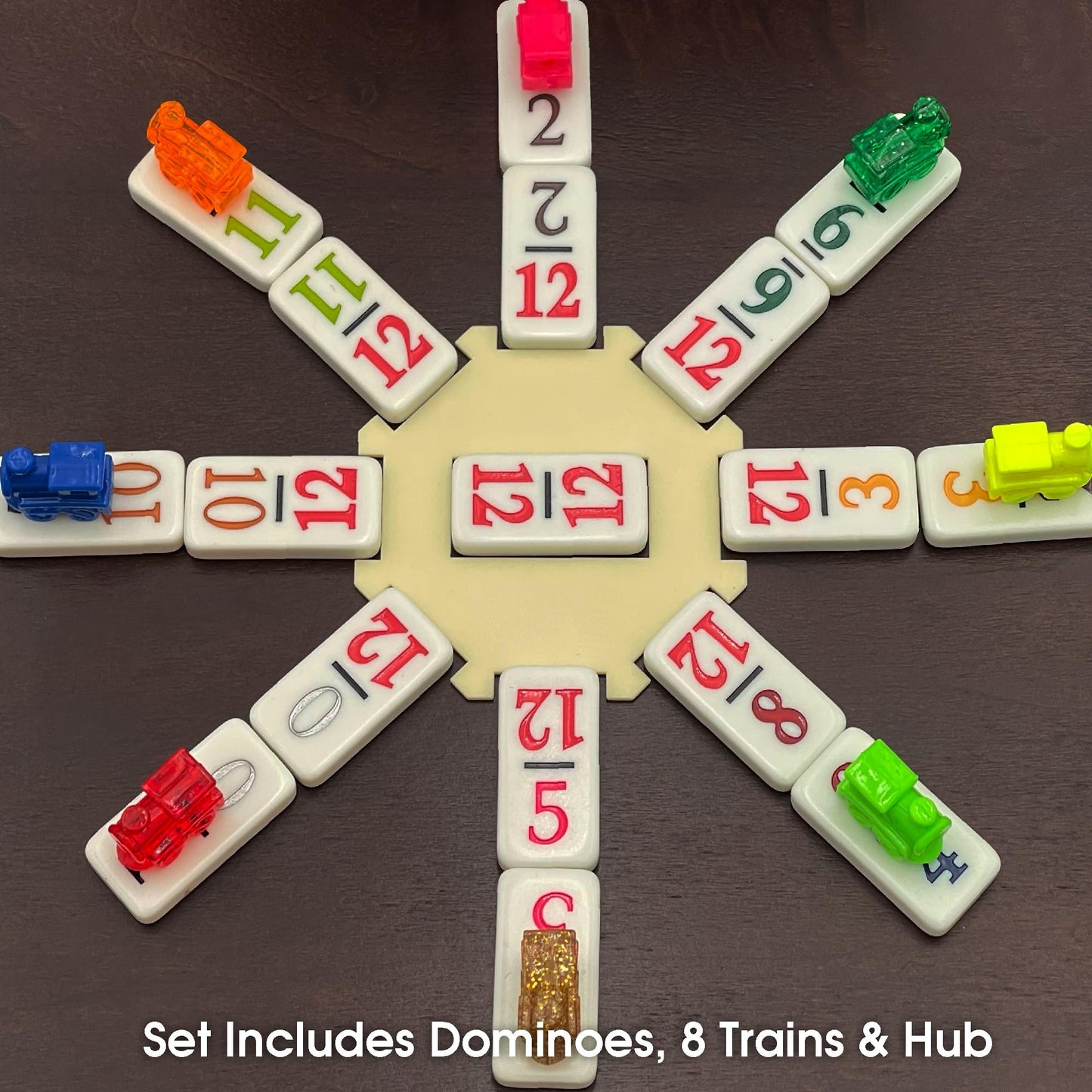 CHH Double 12 Mexican Train Number Dominoes - Travel Size with Zip Up Case, Hub & 8 Domino Trains - 91 Fun Size Numbered Dominoes