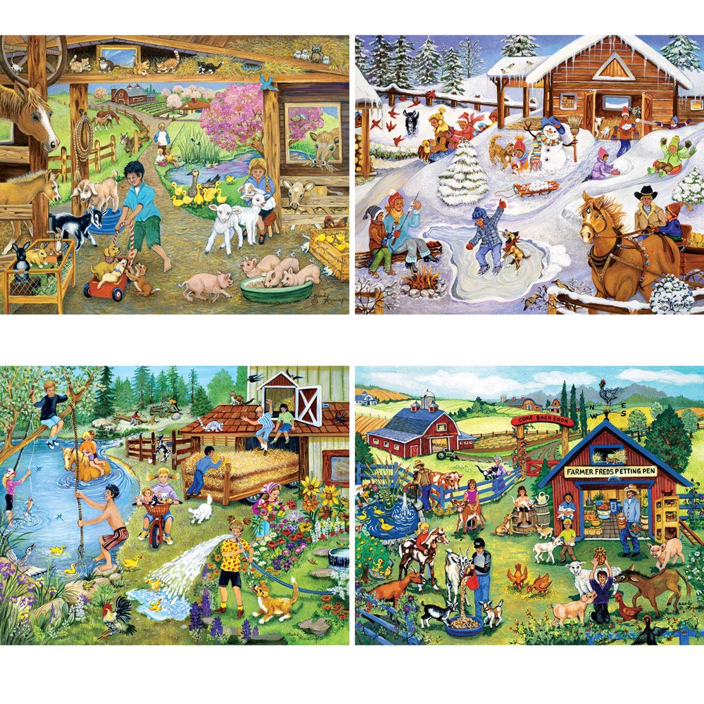Bits and Pieces - 4-in-1 Multi-Pack 300 Piece Jigsaw Puzzles for Adults - Fun on The Farm by Artist Sandy Rusinko, Completed Puzzle Size: 16" x 20"