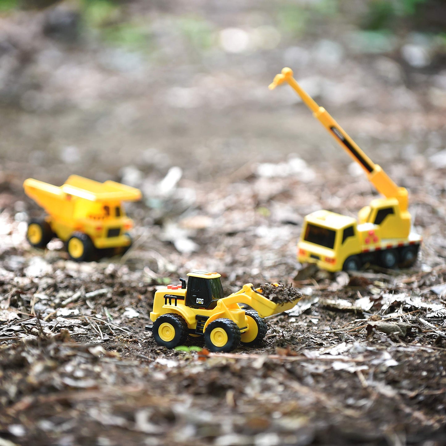 Sunny Days Entertainment Mini Construction Vehicles 3 Pack - Lights and Sounds Pull Back Toy Vehicle | Includes Dump Truck Front End Loader and Crane
