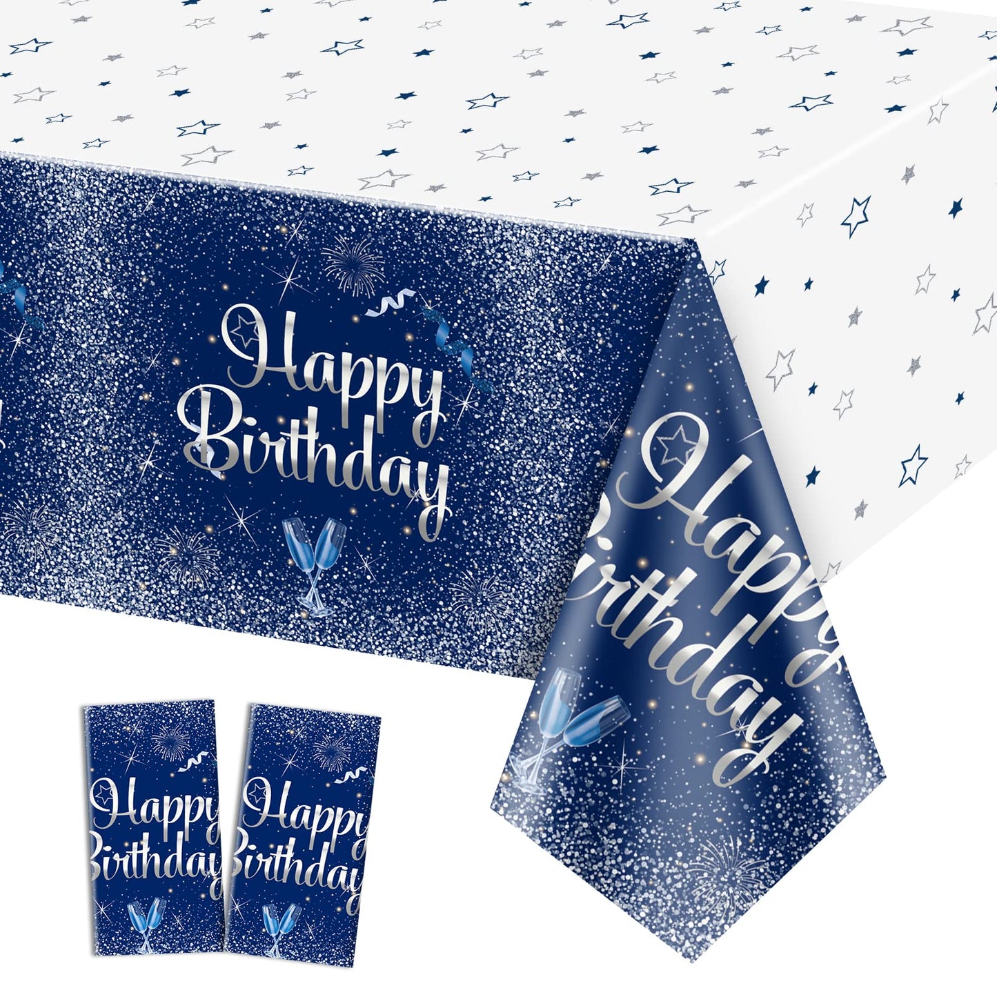 QUERICKY 2 Pack Navy Blue and Silver Happy Birthday Tablecloths, 51x87'' Plastic Disposable Rectangle Table Cover for Men Women Boys Girls Birthday