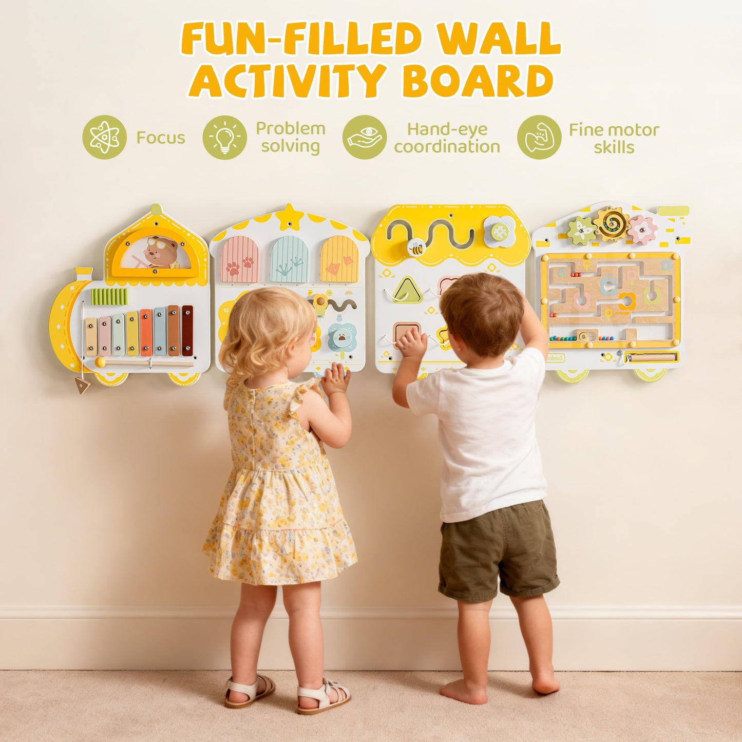 ROBUD Activity Wall Busy Board, Spring Train Montessori Busy Board, 12-in-1 Wooden Sensory Wall Panel, Montessori Sensory Wall Panel for Boys & Girls
