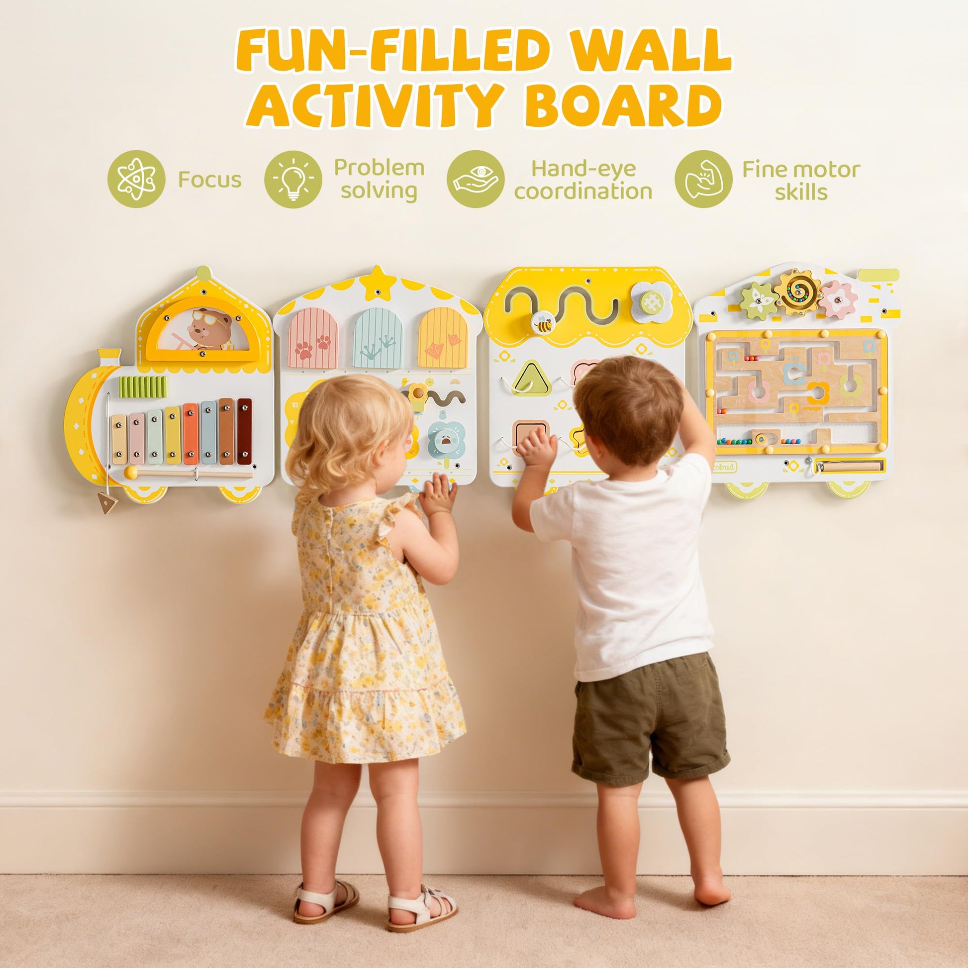 ROBUD Activity Wall Busy Board, Spring Train Montessori Busy Board, 12-in-1 Wooden Sensory Wall Panel, Montessori Sensory Wall Panel for Boys & Girls