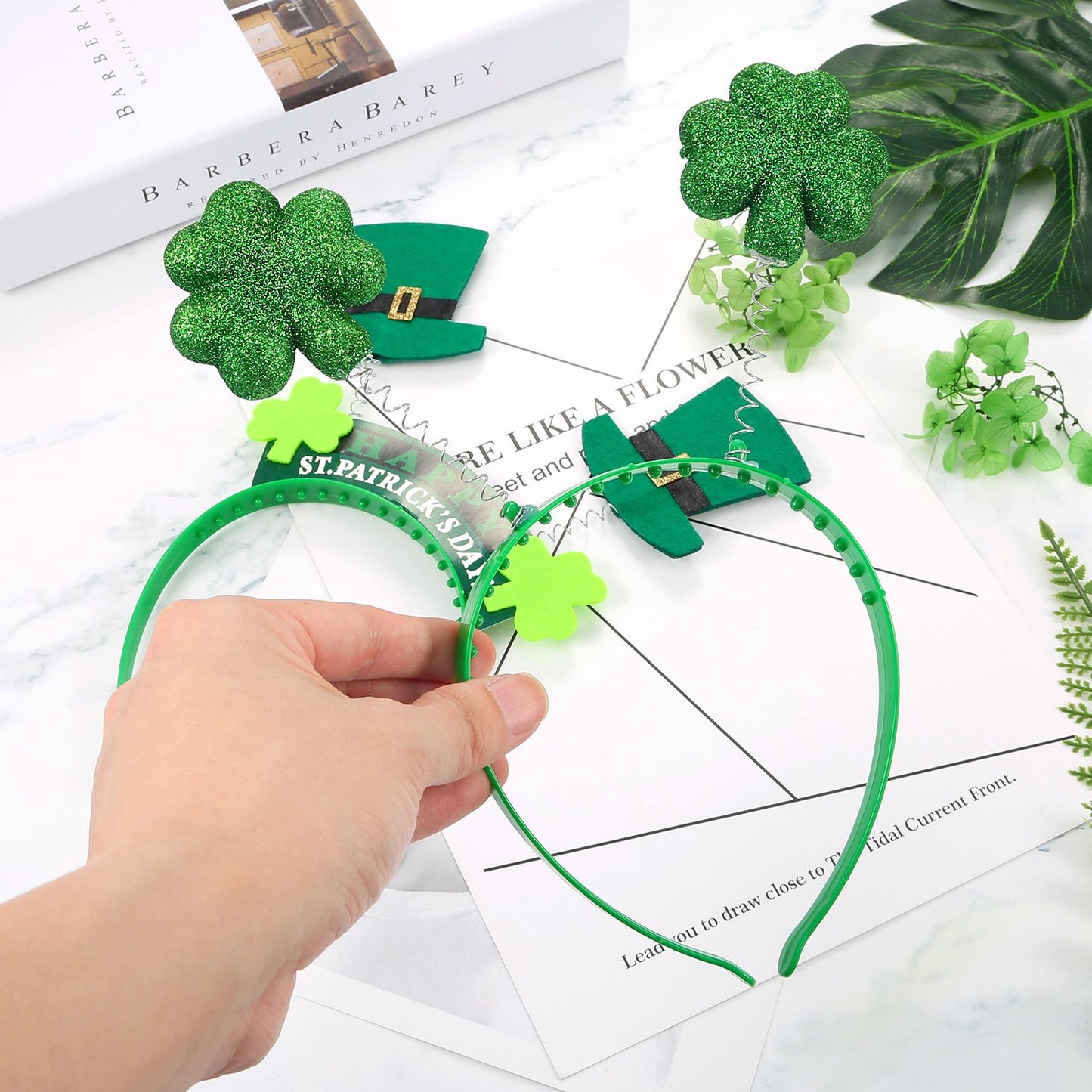 Bememo 8 Pieces St. Patrick's Day Headband Shamrock Clover and Hat Head Boppers