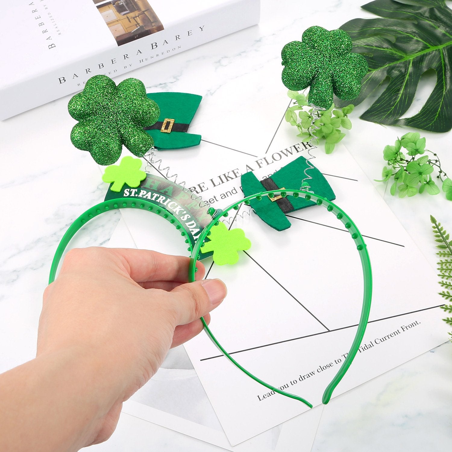 Bememo 8 Pieces St. Patrick's Day Headband Shamrock Clover and Hat Head Boppers