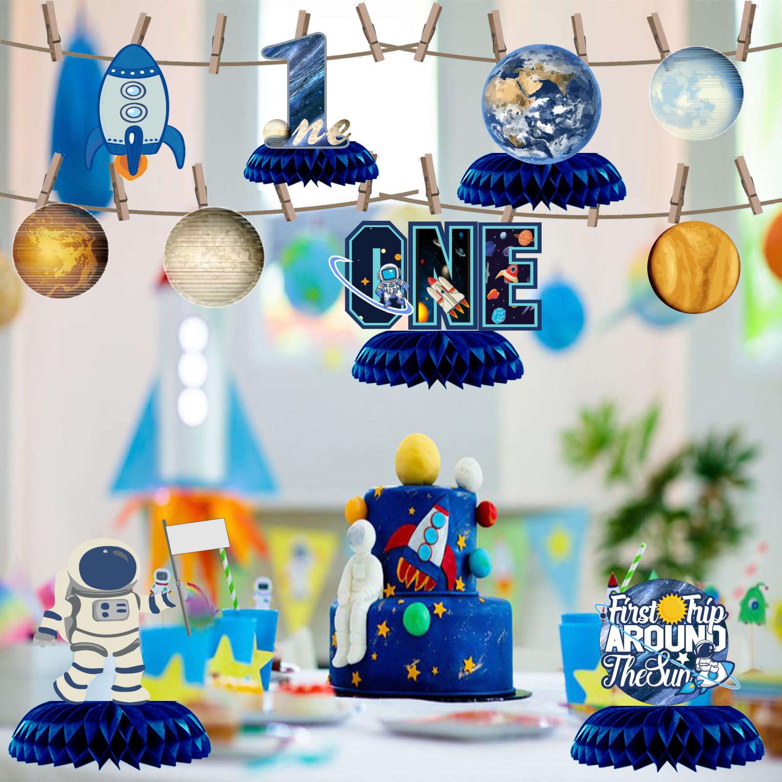 12Pcs First Trip Around The Sun One Letter Table Party Supplies Outer Space 1st Birthday Honeycomb Centerpiece Party Decoration Planets Solar System