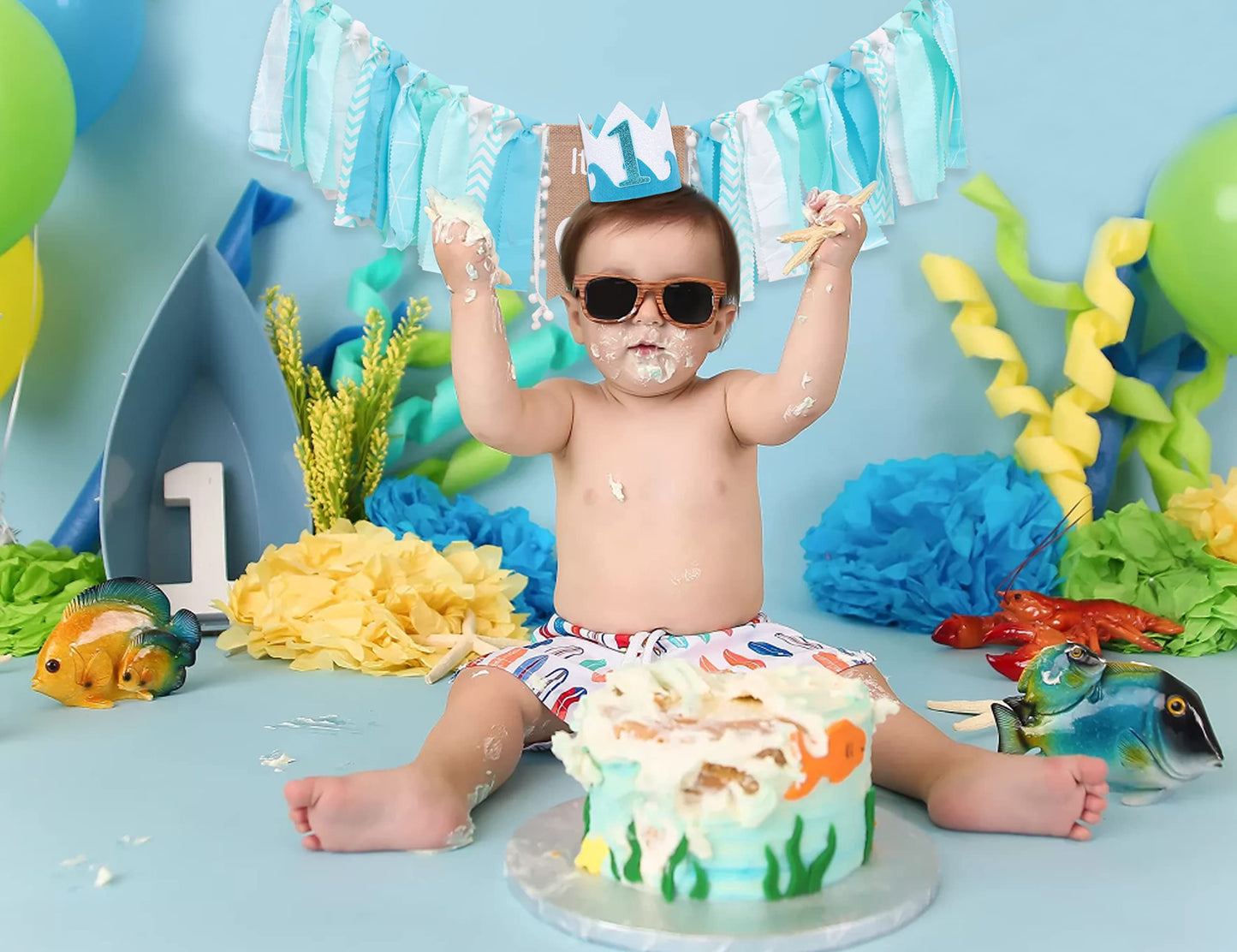 LINLULU The Big One Birthday Crown for Baby Boys - 1st Hat, Beach Party Supplies, Surfs Up Decorations, Boys Outfit