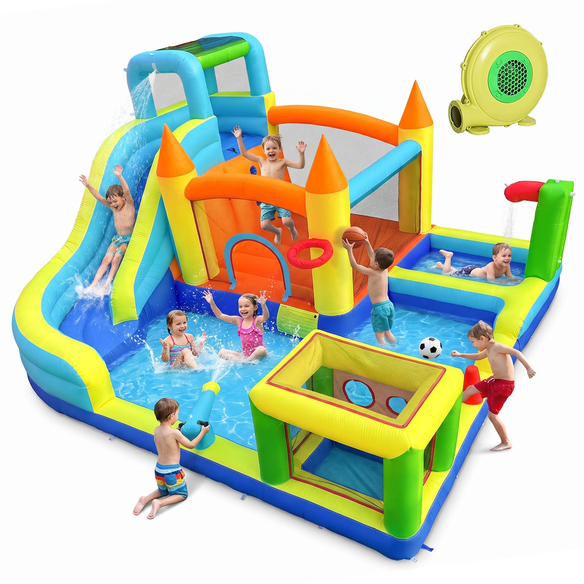 WelandFun Inflatable Water Slide Park for Kids Backyard, Inflatable Bounce House with Air Blower - Bouncy Castle with Climbing Wall, Jumping, Water