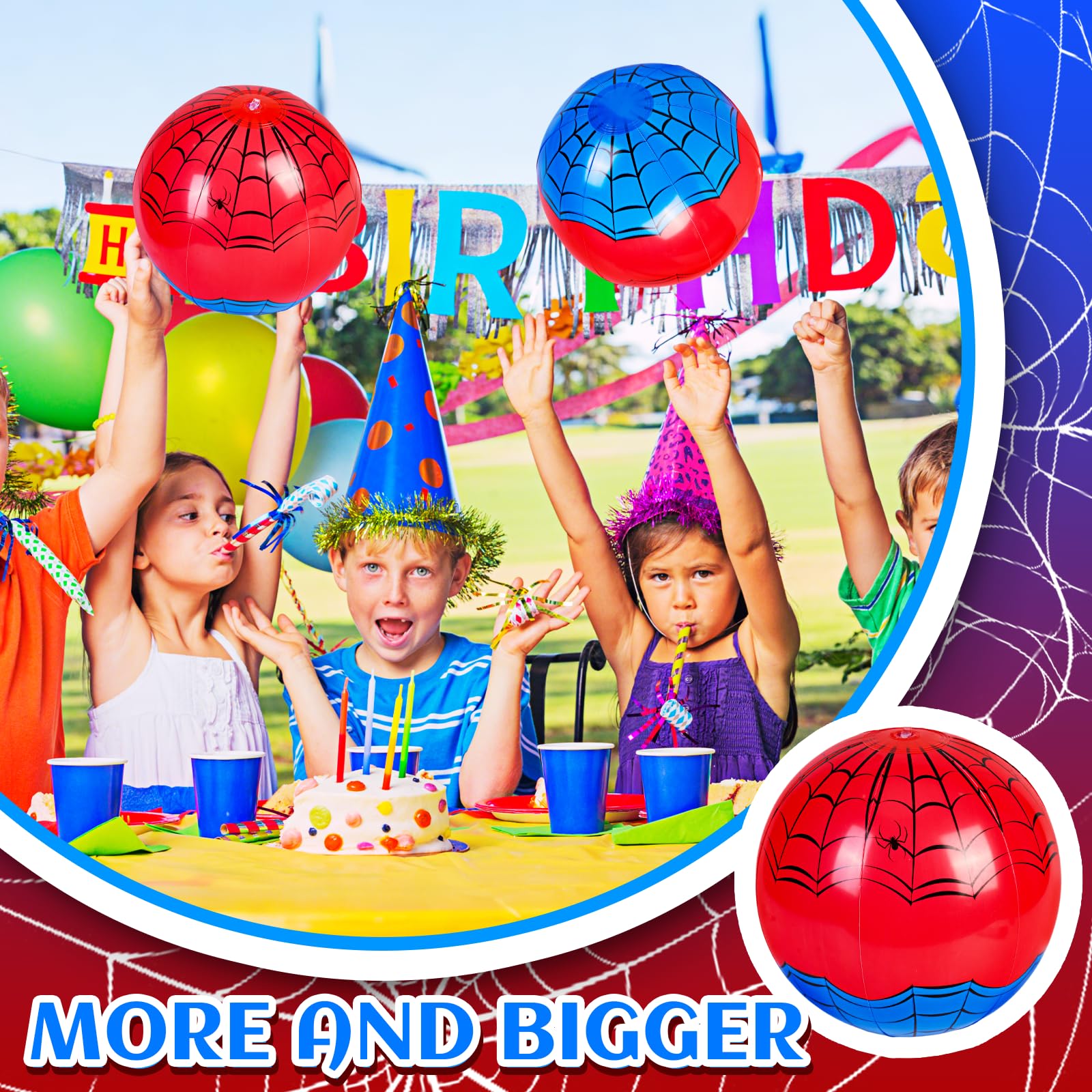 12 Pack Spider Theme Beach Ball - 9.84" Bulk Inflatable Beach Balls for Summer Water Games Pool Games, Blue and Red Spider Web Birthday Party