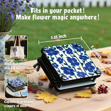 Fuwuu Mini Flower Press Kit 2.6" x 2.6" - Portable Pocket Flower Press with Carrying Chain for Hiking & Nature Journaling, Double-Sided Camellia Art