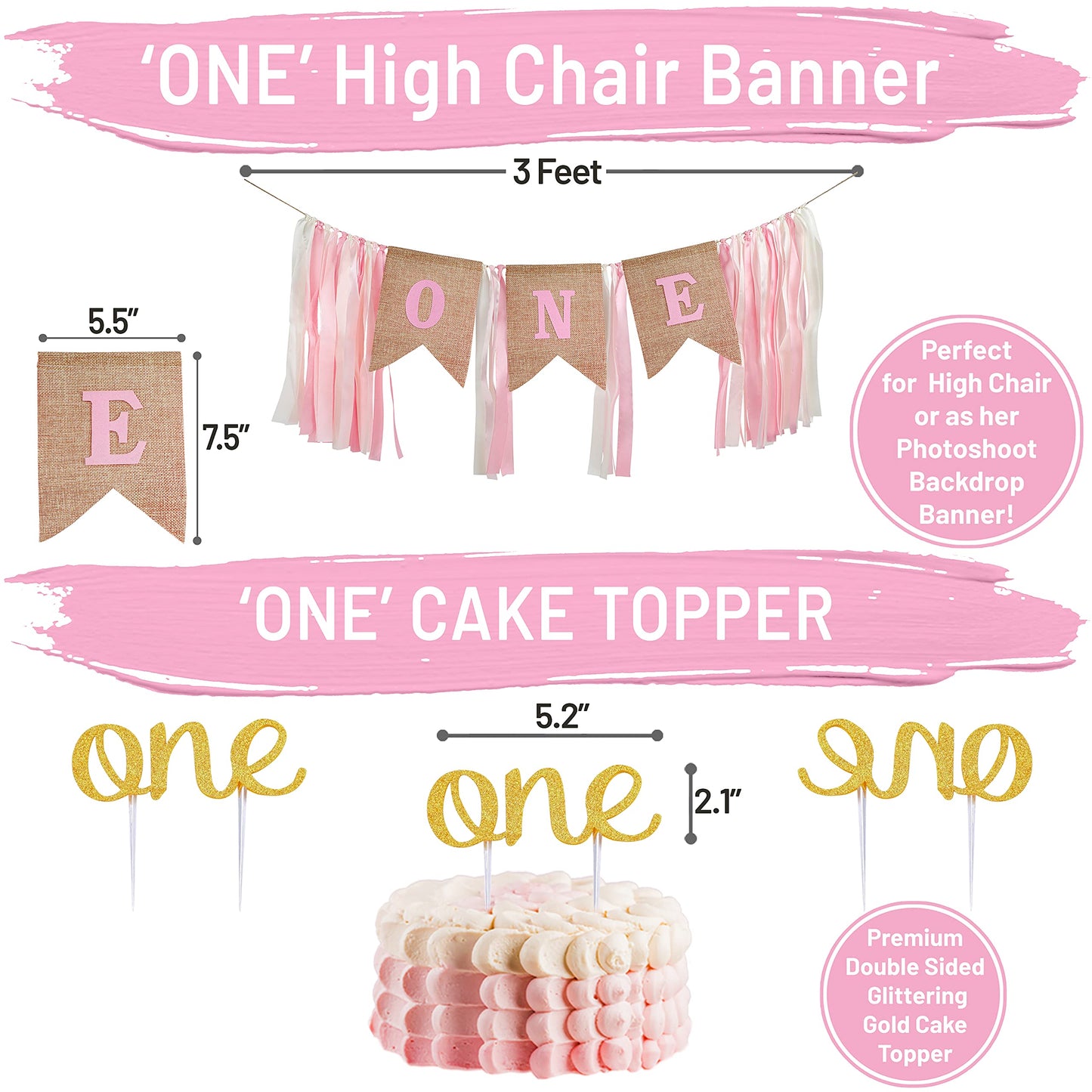 First Birthday Decorations for Girl | 1st Baby Girl Number 1 Balloon, Happy Birthday Banner, “One” Cake Topper, Star Garland, Marble Pink, Gold
