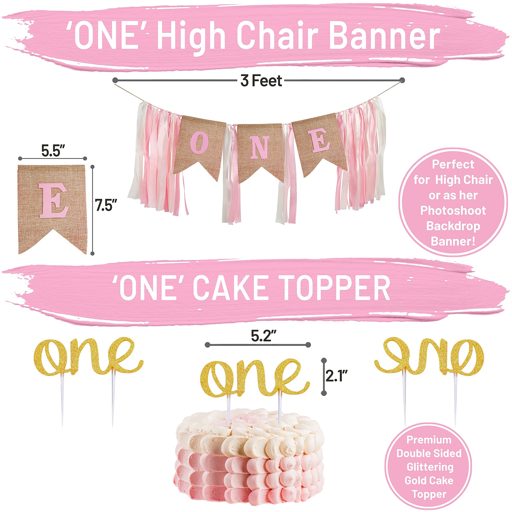 First Birthday Decorations for Girl | 1st Baby Girl Number 1 Balloon, Happy Birthday Banner, “One” Cake Topper, Star Garland, Marble Pink, Gold