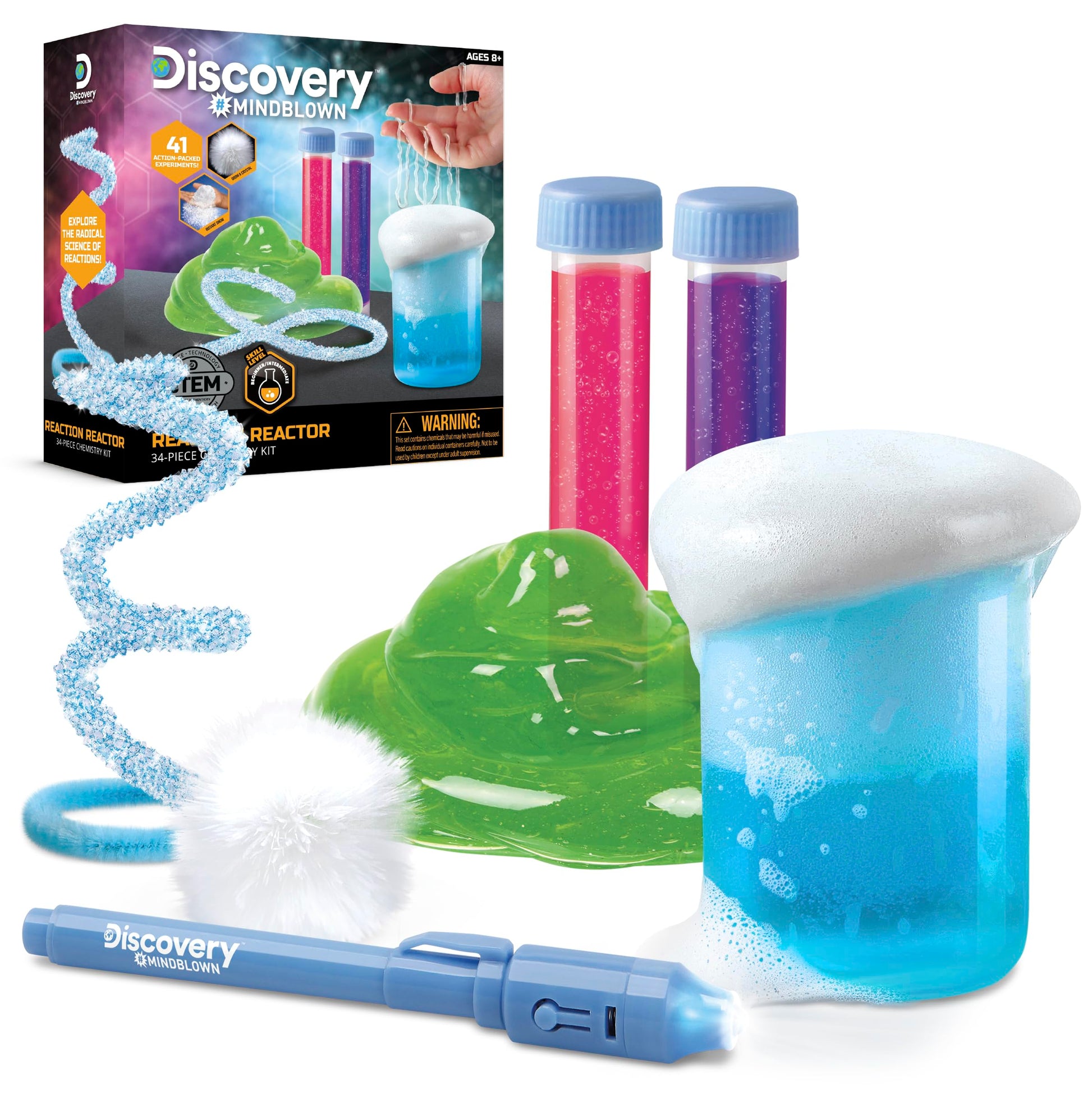 Discovery™ Reaction Lab Chemistry Set - 41 STEM Experiments for Kids| Includes Black Light Pen, Crystal Growing, Slime, Goo| Educational Learning Toy|