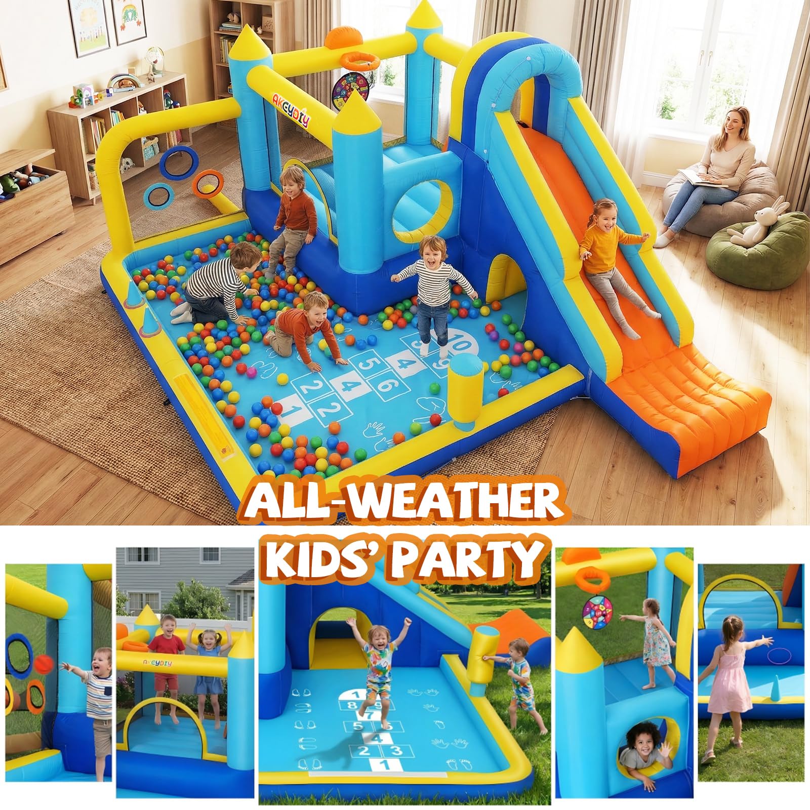AKEYDIY Inflatable Bounce House, 15-in-1 Big Water Slide Backyard for Kids 3-12, Outdoor/Indoor Jumping Castle with with Jumping Area, Long Slide