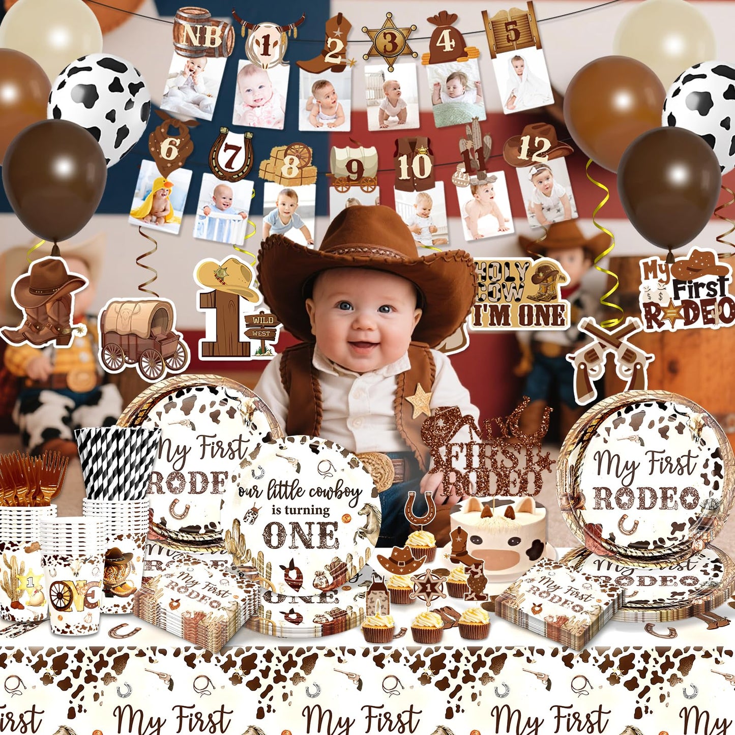180 PCS My First Rodeo Decorations Boy, First Rodeo Birthday Decorations Tableware Set with Banner Cake Topper Cupcake Toppers Tablecloths Plates