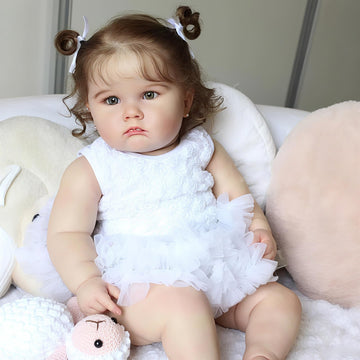 24 Inches 60CM Real Baby Size Reborn Baby Doll Rooted Brown Curly Hair Soft Cloth Body Lifelike Newborn Toddler Girl Dolls Anatomically Correct with