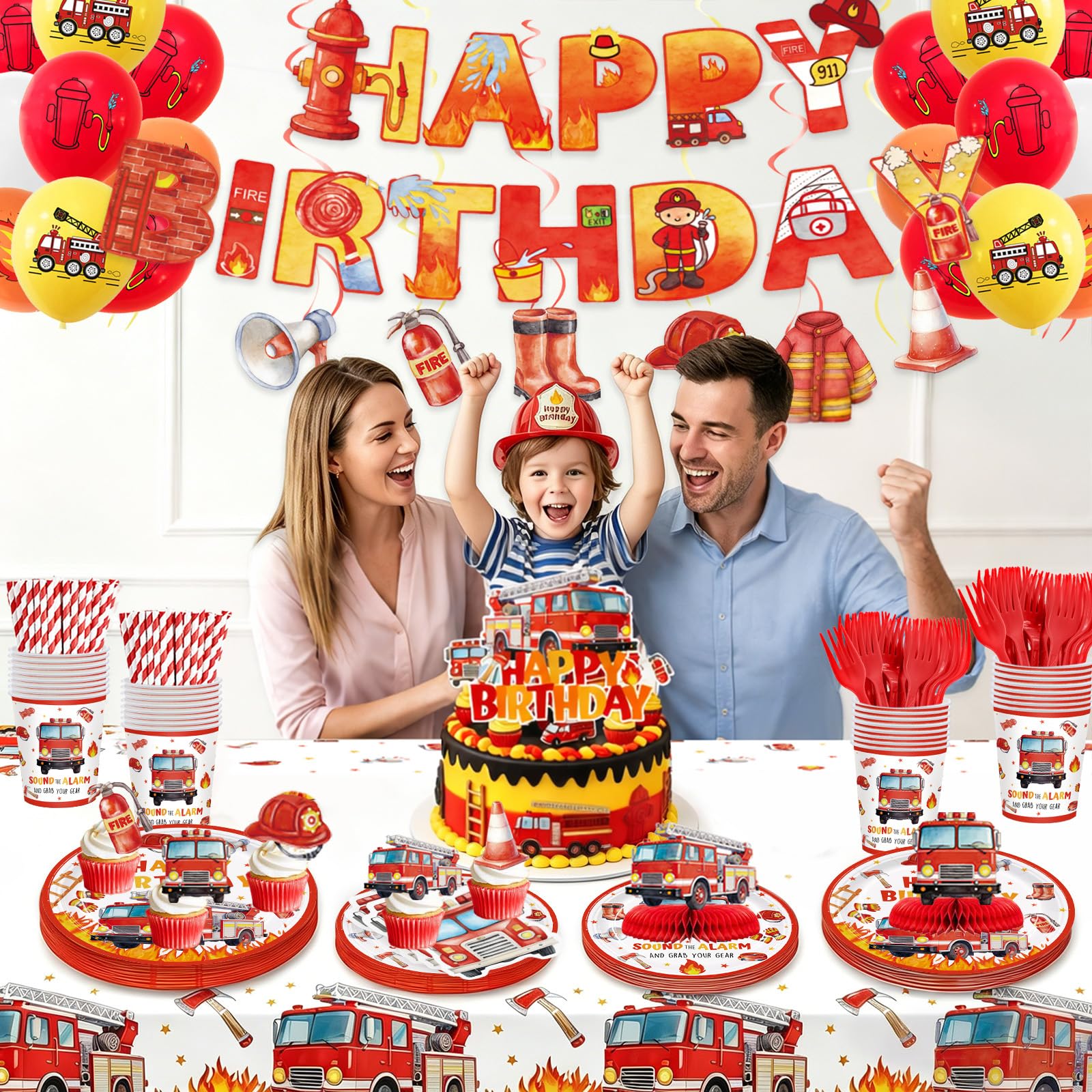 162pcs Firetruck Birthday Party Supplies Fire Truck Plates Napkins Serve 20