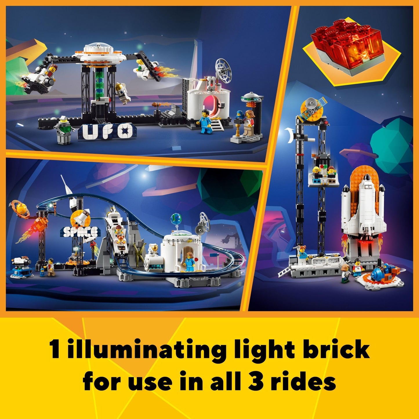 LEGO Creator 3 in 1 Space Roller Coaster, Rebuildable Amusement Park, Build as a Winding Roller Coaster or Drop Tower or Spinning Carousel, with 5