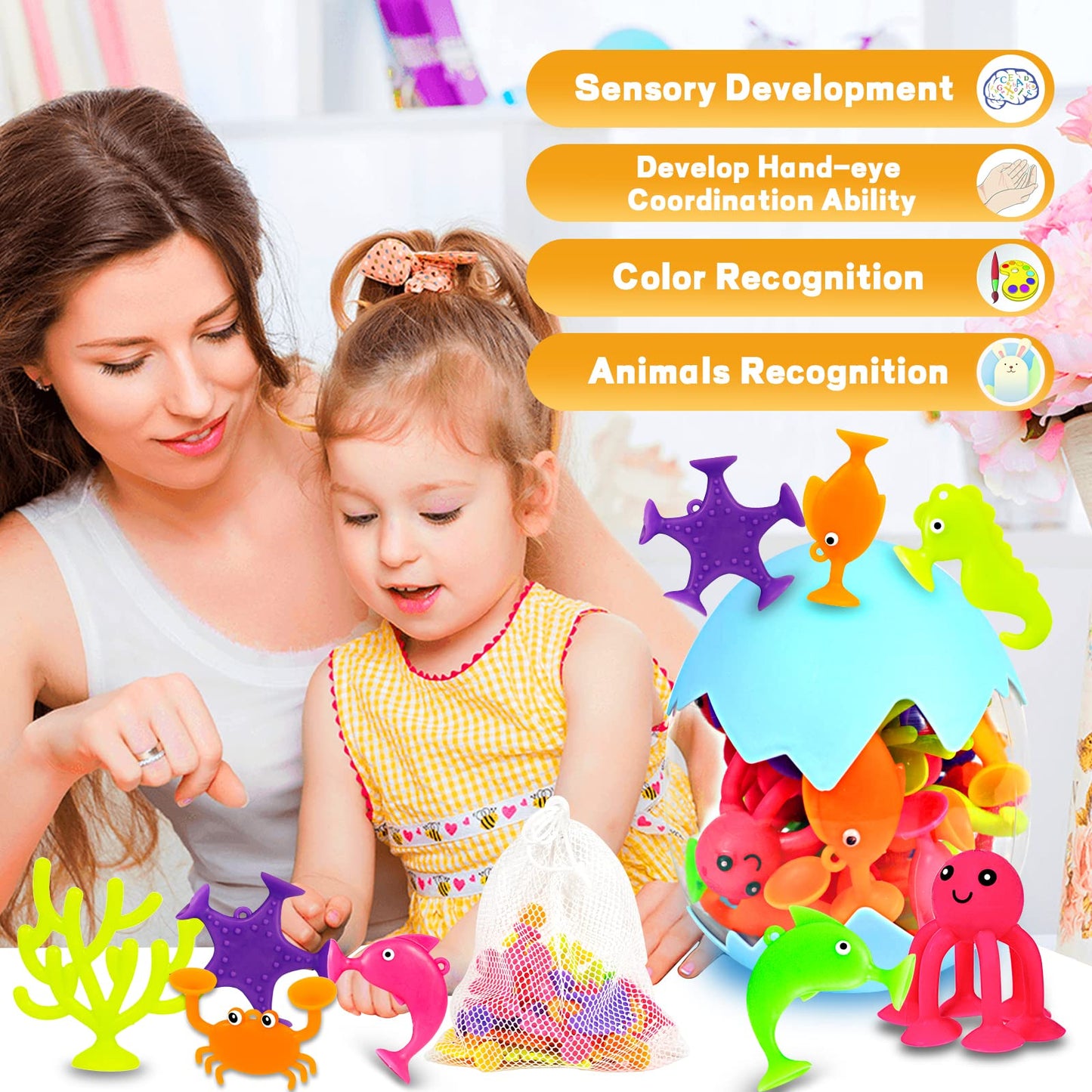Suction Bath Toys for Kids, 18 Pcs Ocean Animal Suction Cup Toys with Eggshell & Bag, No Hole Mold Free Bath Toy, Sensory Window Building Toys