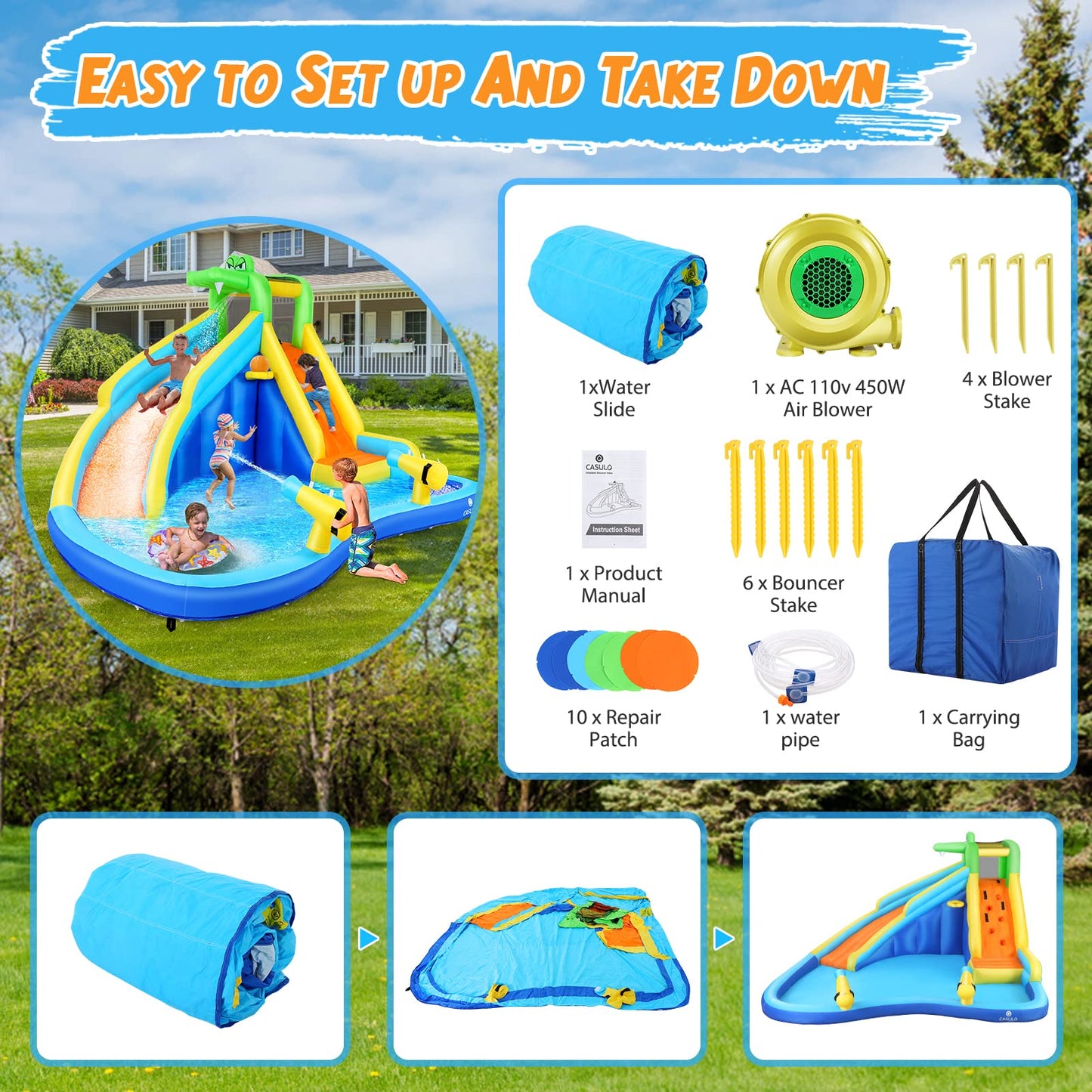 WHUBEFY Inflatable Water Slide,9 in 1 Kids Water Slides with Blower,Water Bounce House Water Park for Kids Backyard,Waterslide Splash Pool,Water