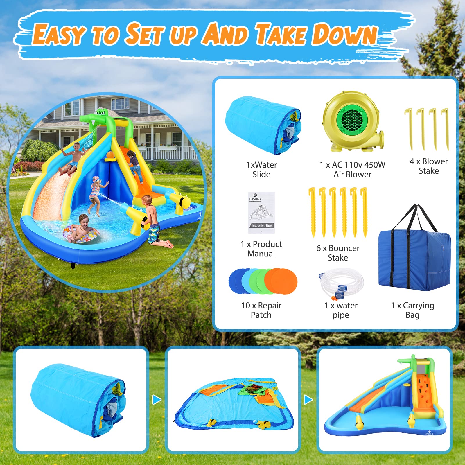 WHUBEFY Inflatable Water Slide,9 in 1 Kids Water Slides with Blower,Water Bounce House Water Park for Kids Backyard,Waterslide Splash Pool,Water